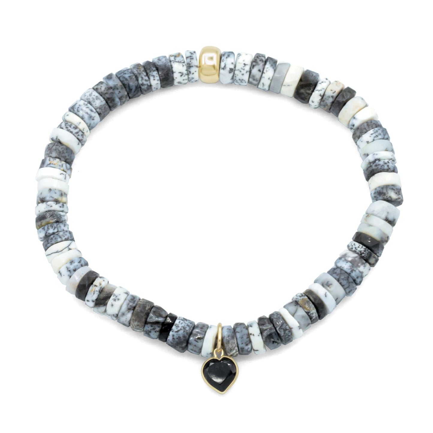 Dendrite and black spinel heart bracelet in 14K gold from Earthly Abundance, featuring intricate gemstone details.