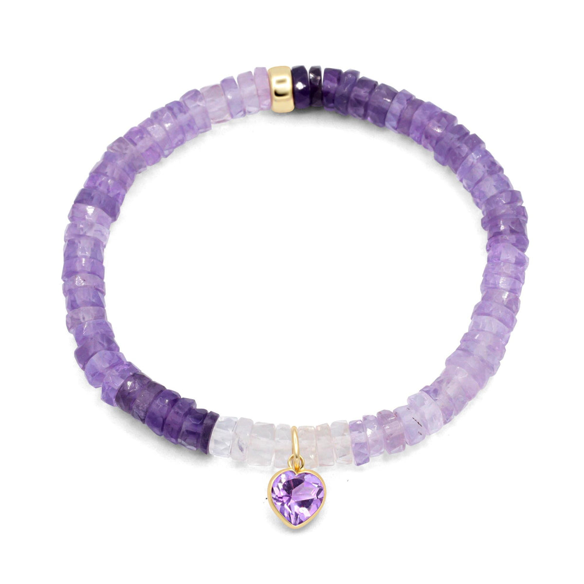 African Amethyst Heart Bracelet made with 14K gold by Earthly Abundance, featuring a heart-shaped amethyst pendant and gold chain.