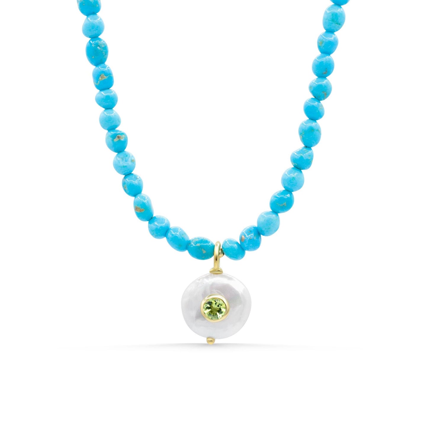 Turquoise necklace by Earthly Abundance featuring a pearl and peridot pendant, showcasing vibrant colors and elegant design.