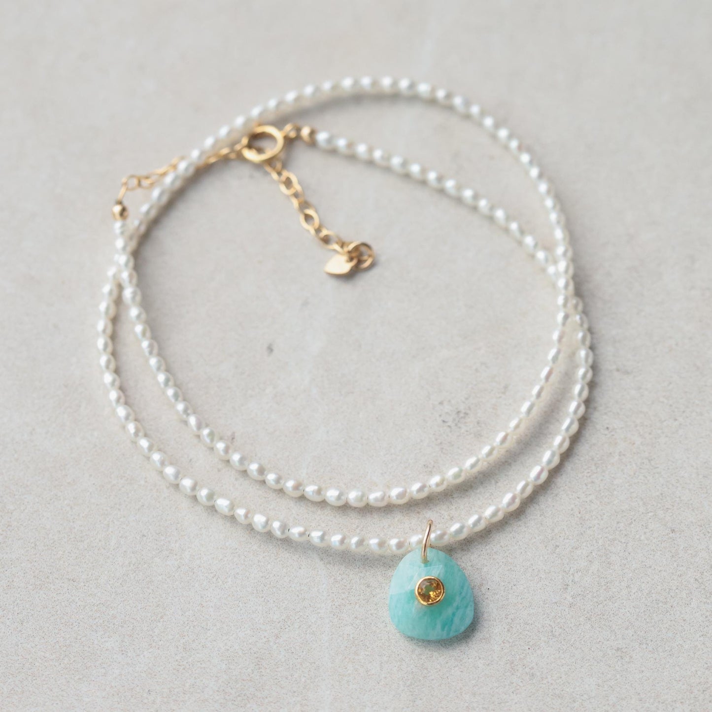 Golden Tide Pearl Necklace featuring Amazonite and Citrine beads, crafted by Earthly Abundance.