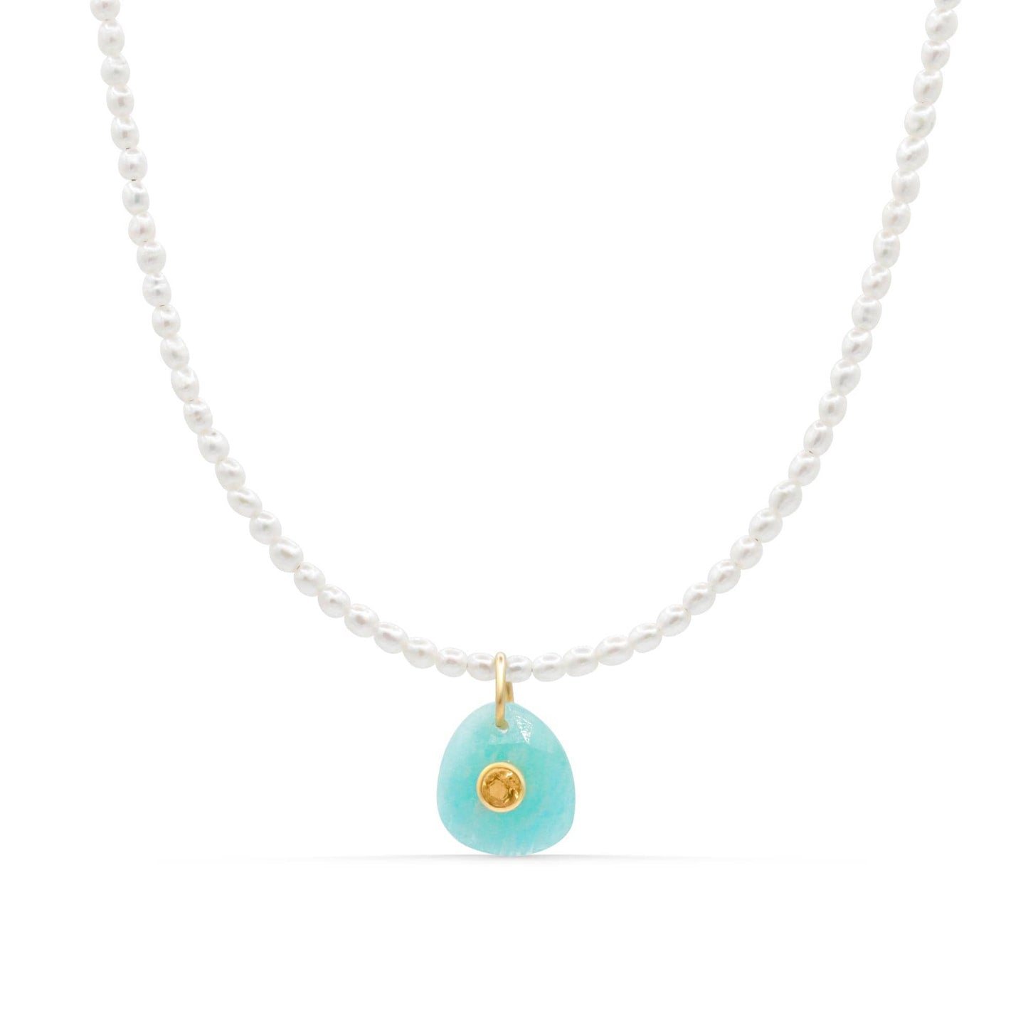 Golden Tide Pearl Necklace featuring Amazonite and Citrine beads by Earthly Abundance, showcasing elegant gemstone jewelry.