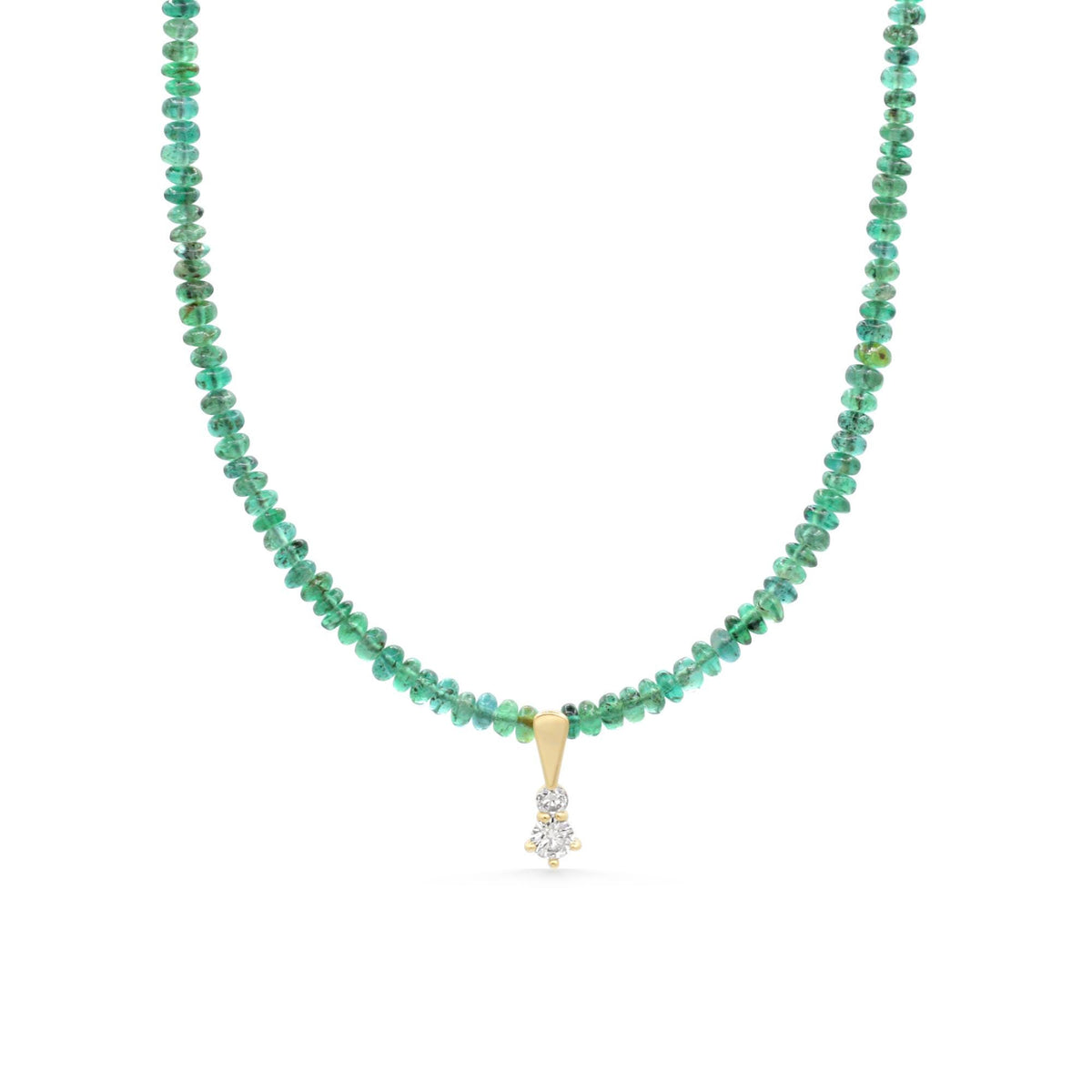 Zambian emerald diamond necklace in 14K gold featuring a vibrant green emerald gemstone and sparkling diamonds.