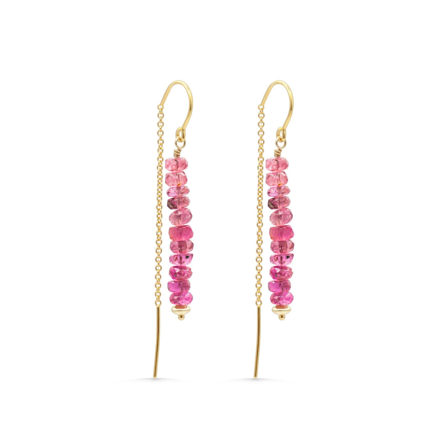 Pink tourmaline threader earrings with delicate gold chains showcasing vibrant pink gemstones and sleek, modern design.