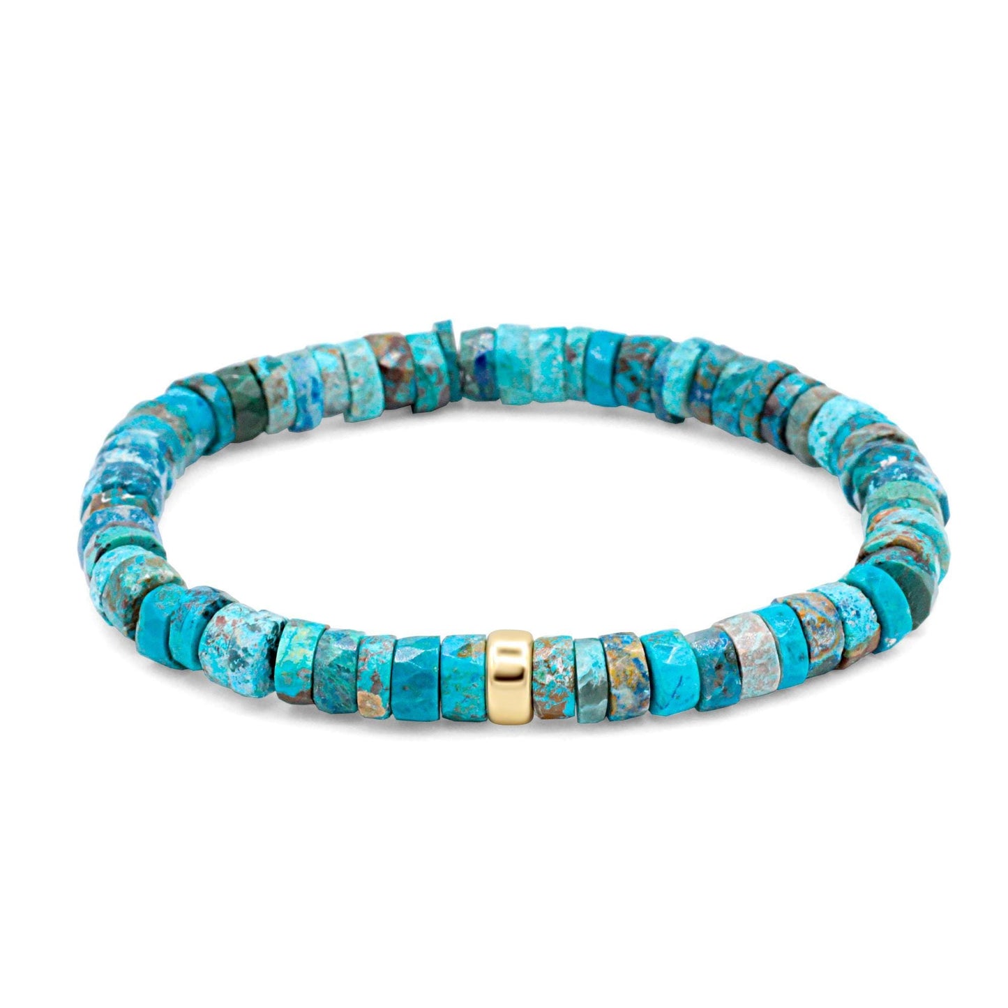 Oceanic Blue Chrysocolla bracelet with polished beads from Earthly Abundance, showcasing vibrant blue-green hues and intricate natural patterns.