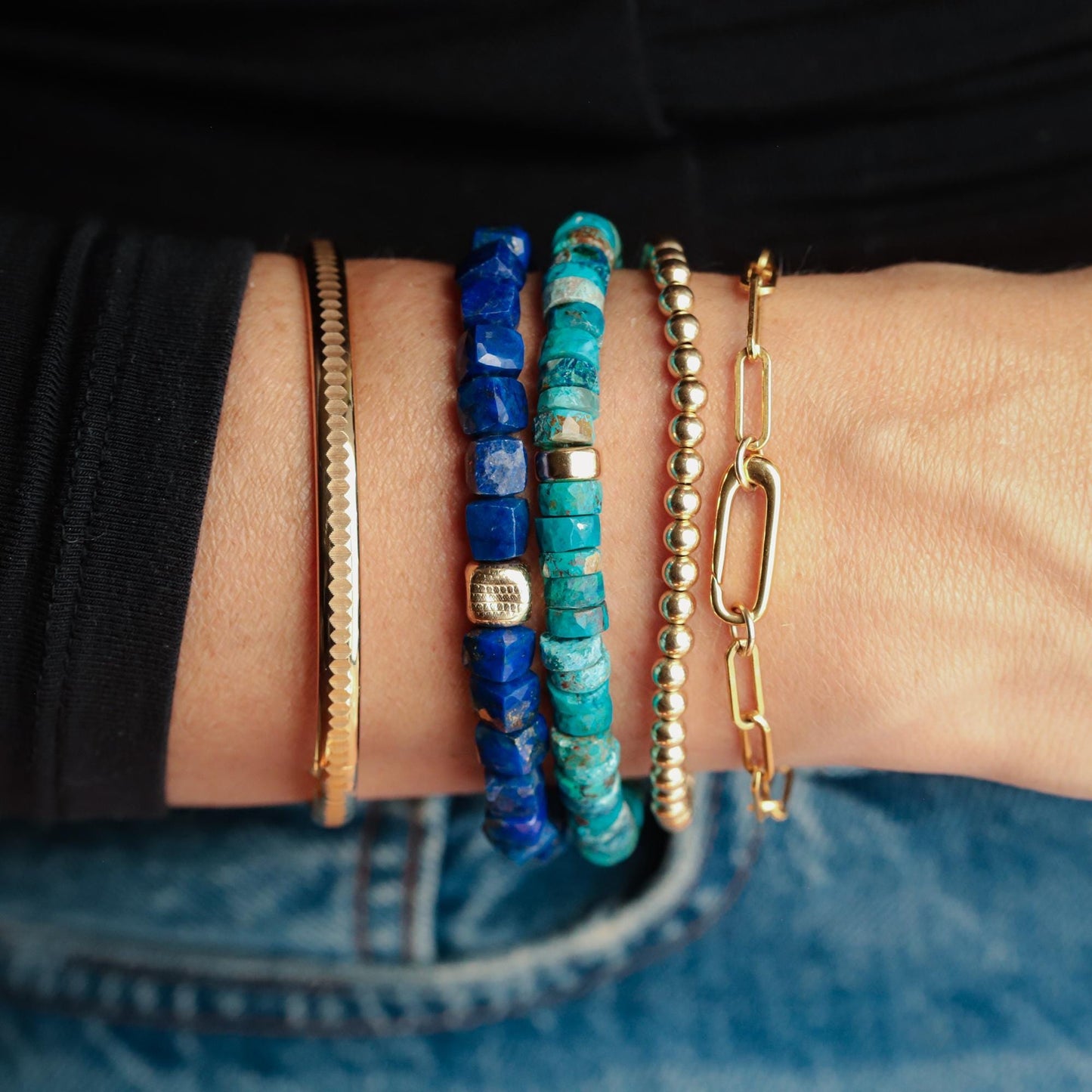 Oceanic blue Chrysocolla bracelet featuring smooth round beads, handcrafted by Earthly Abundance.