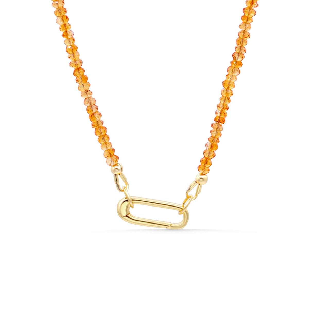 Citrine necklace with a rectangular carabiner clasp by Earthly Abundance, featuring a polished yellow gemstone pendant on a chain.