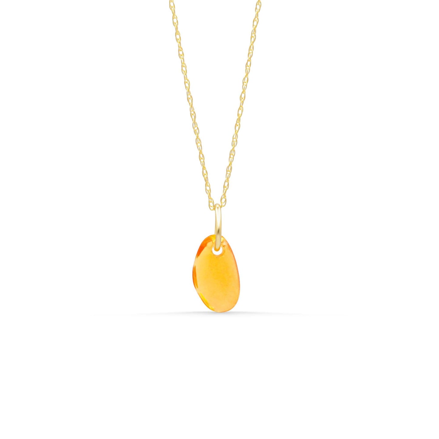Mexican Fire Opal pendant necklace with 14K gold setting, showcasing a vibrant fiery orange gemstone on a delicate chain.