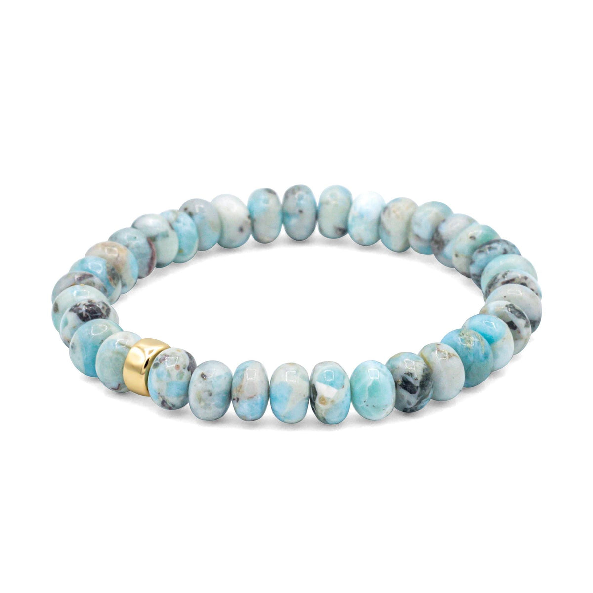 Larimar Depth Bracelet by Earthly Abundance featuring smooth blue Larimar stones on a delicate silver chain.