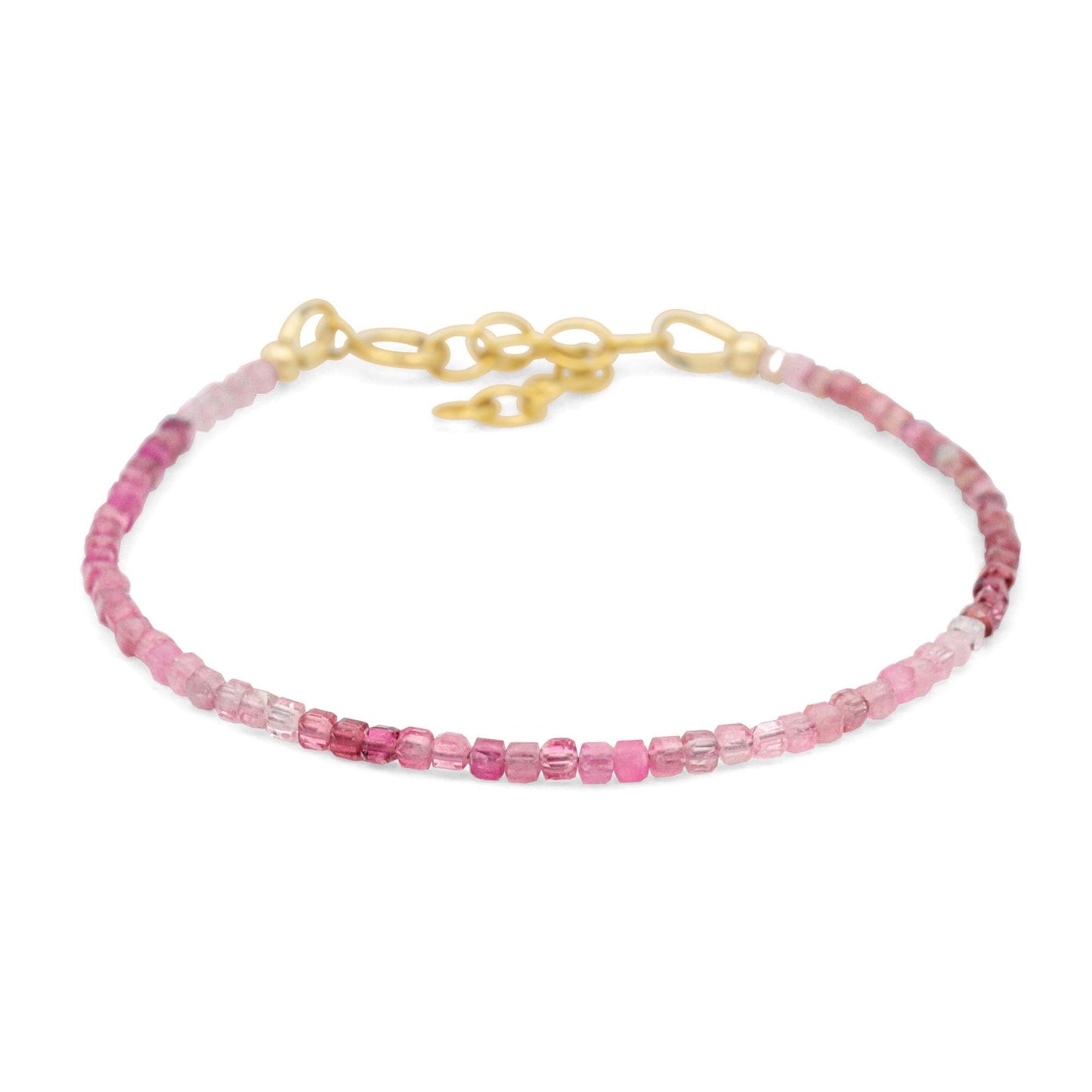 Pink tourmaline ombré cube bracelet with 14K gold-filled accents by Earthly Abundance, showcasing vibrant pink and gold details.