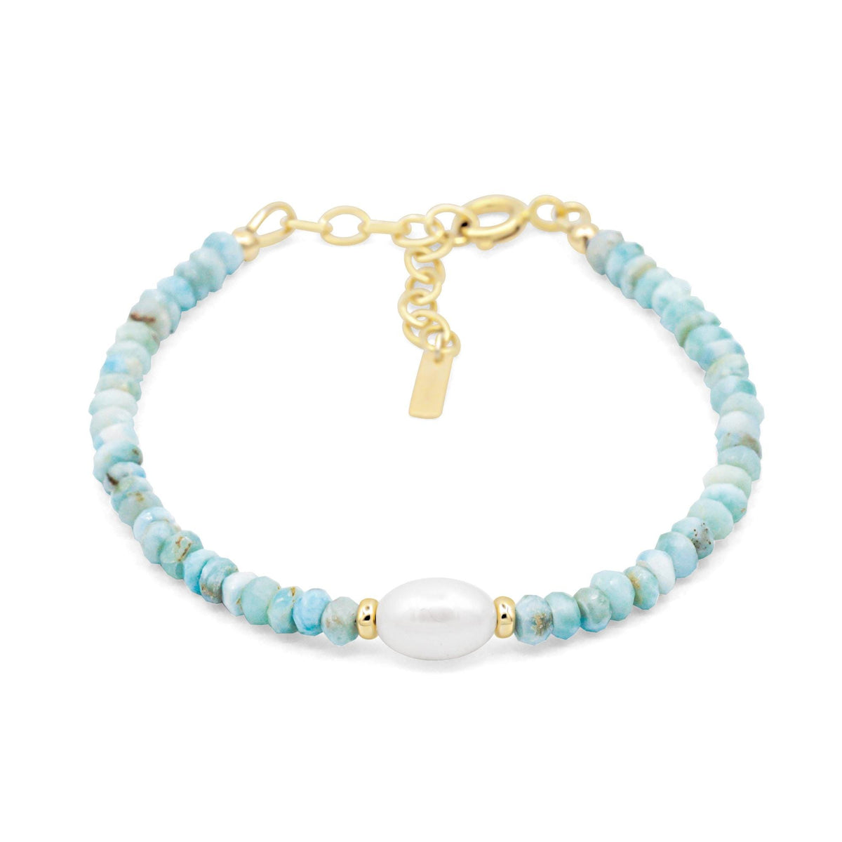 Soft ocean blue Larimar pearls make up this elegant Earthly Abundance bracelet with a delicate, natural gemstone design.