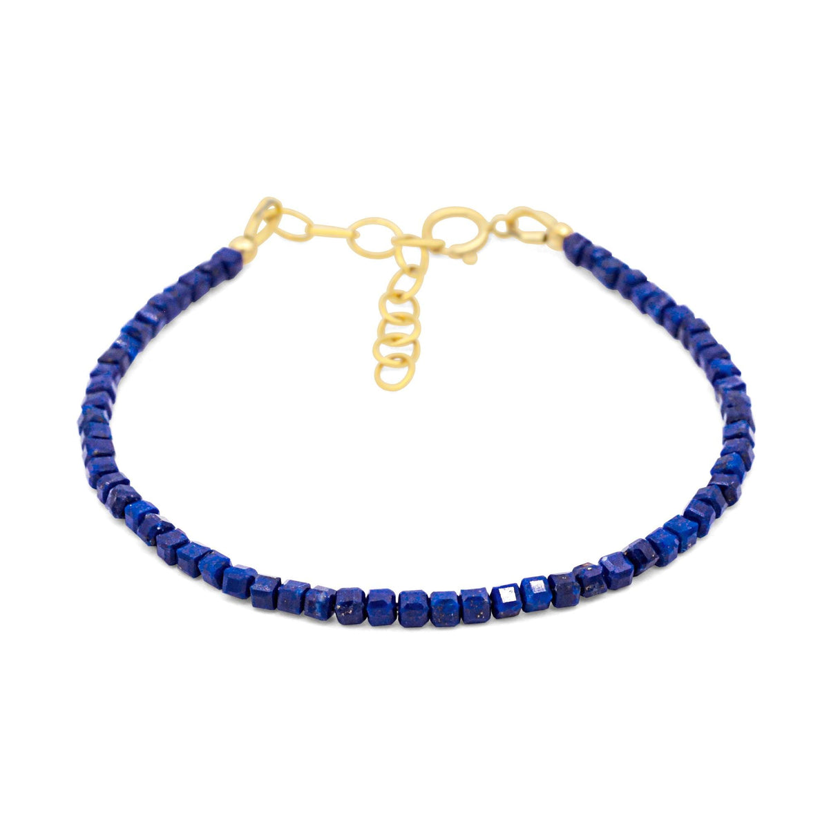 Deep Wisdom Lapis Cube Bracelet by Earthly Abundance featuring polished blue lapis stone beads on a stretchy band.