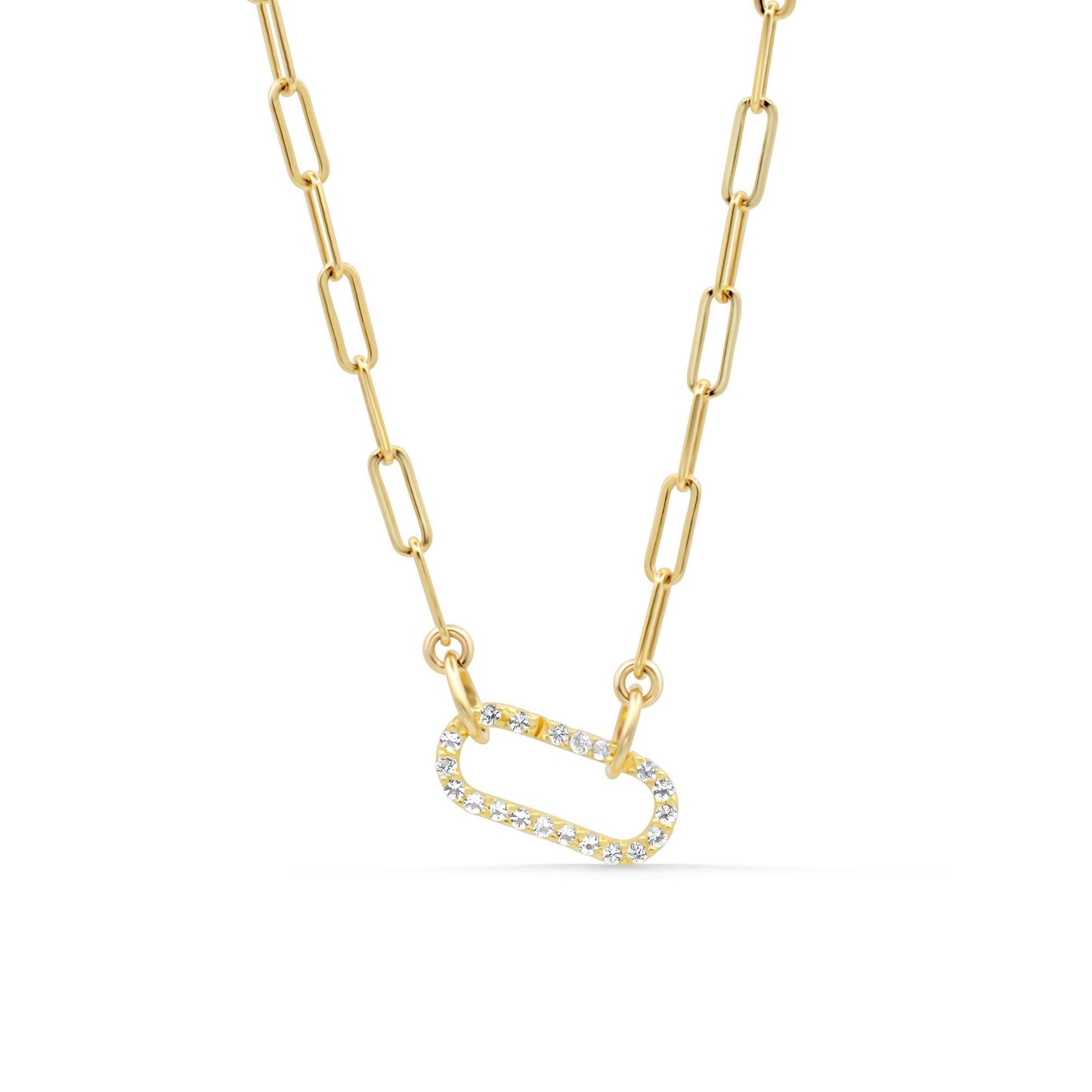 White Topaz Carabiner Necklace by Earthly Abundance featuring a silver chain with white topaz gemstones and a distinctive carabiner clasp.