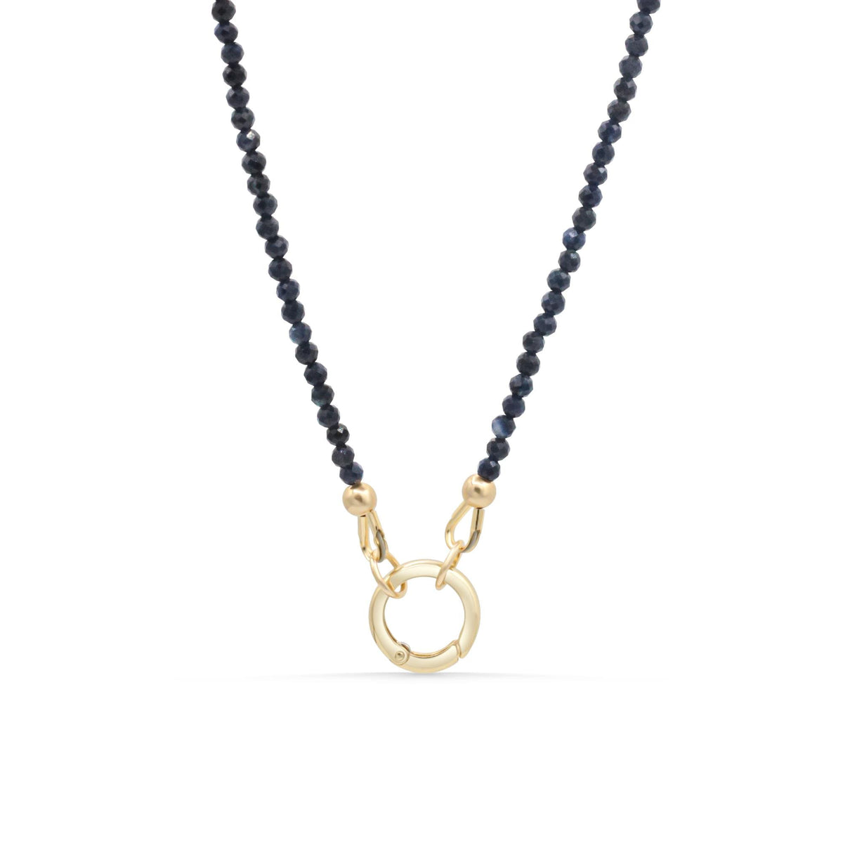 Eternal Blue Sapphire Carabiner Necklace by Earthly Abundance featuring a silver chain and a blue sapphire pendant.