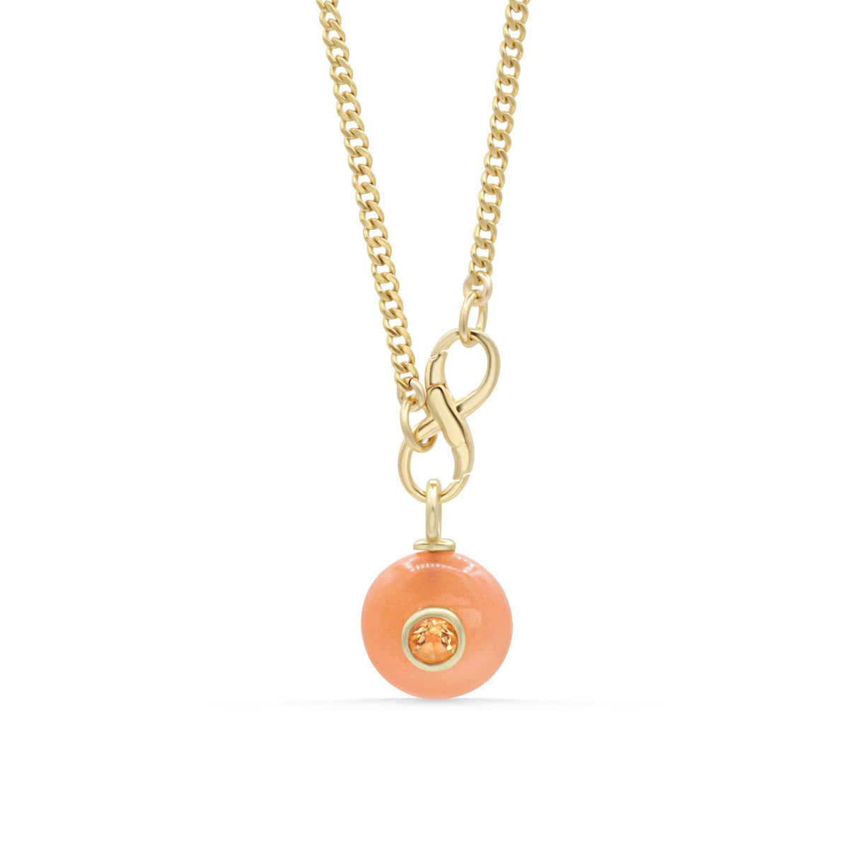 Infinity clasp curb chain necklace featuring peach moonstone and citrine gemstones from Earthly Abundance.
