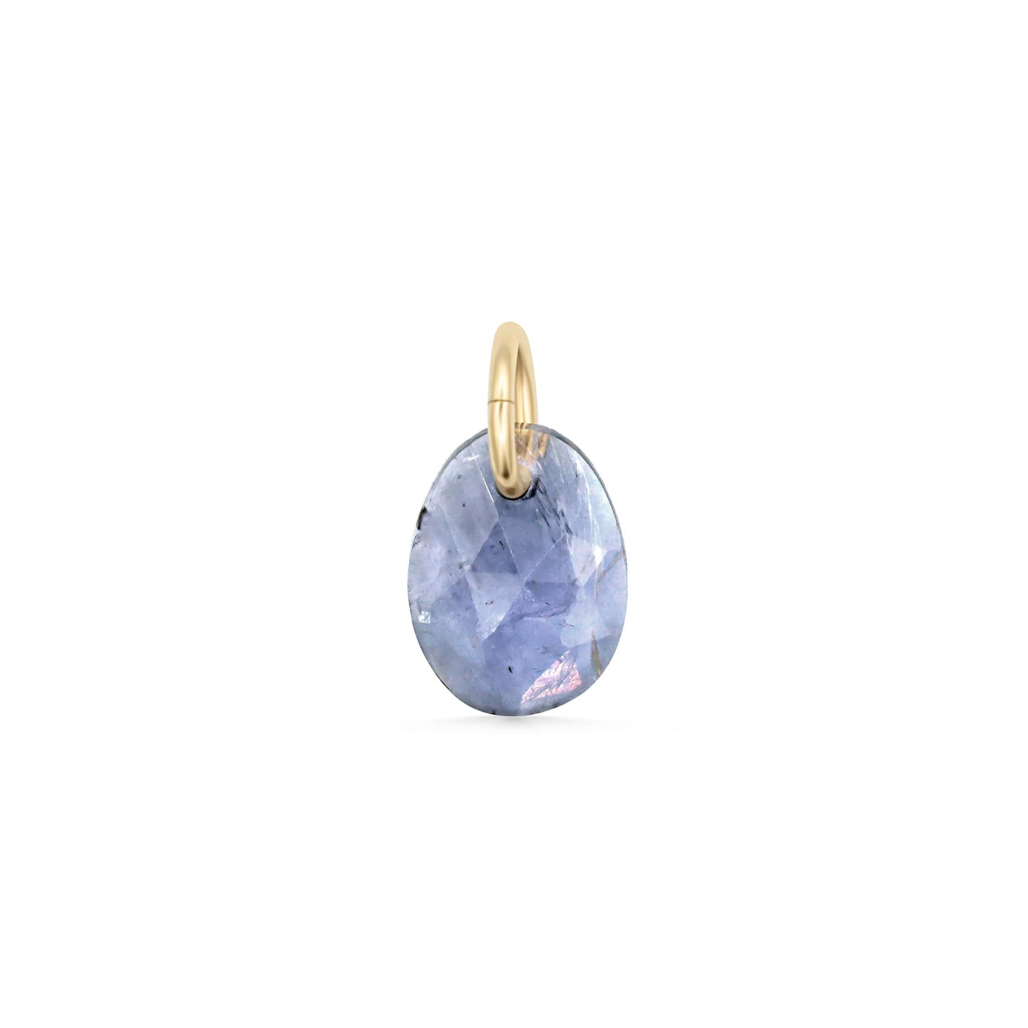 Iolite pendant necklace in 14K gold setting, featuring a polished violet-blue gemstone on a delicate chain.