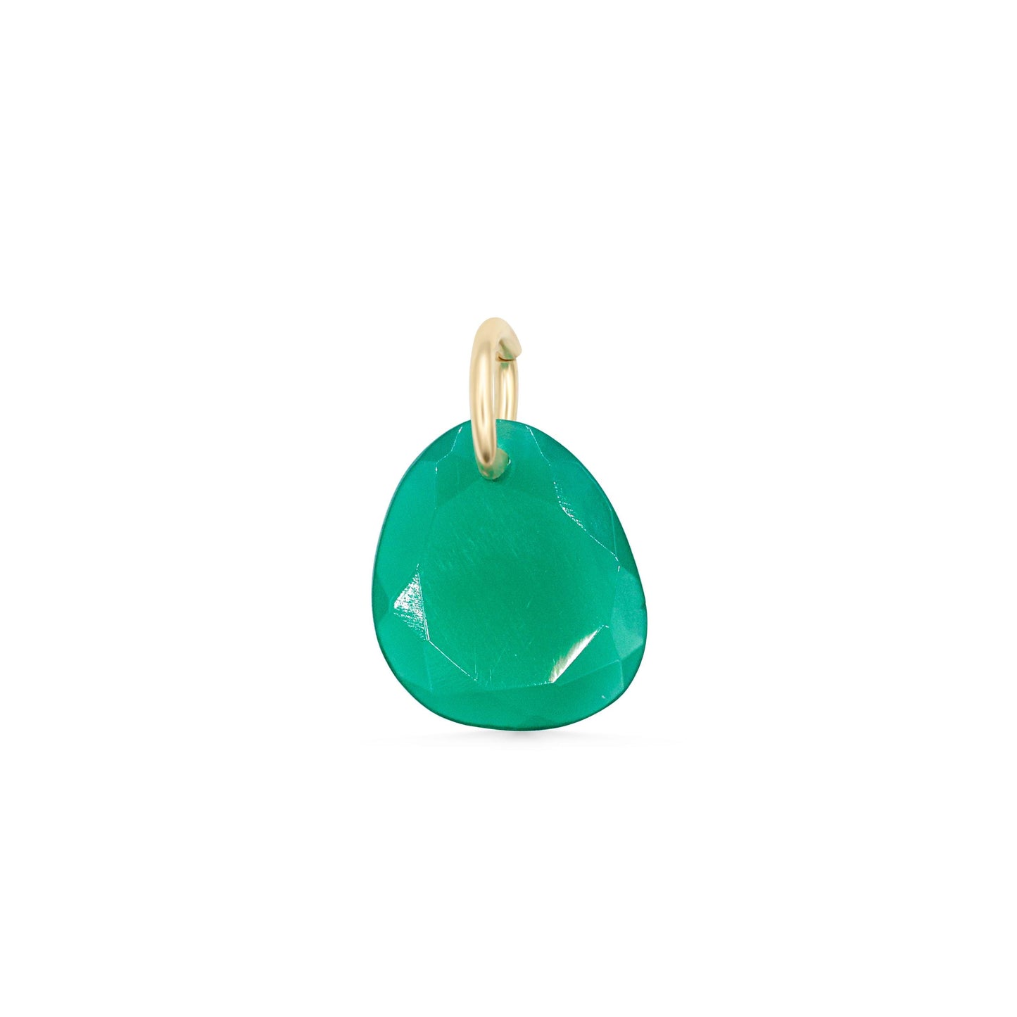 Green onyx pendant in 14K gold setting with intricate design, featuring a polished green gemstone on a delicate chain.