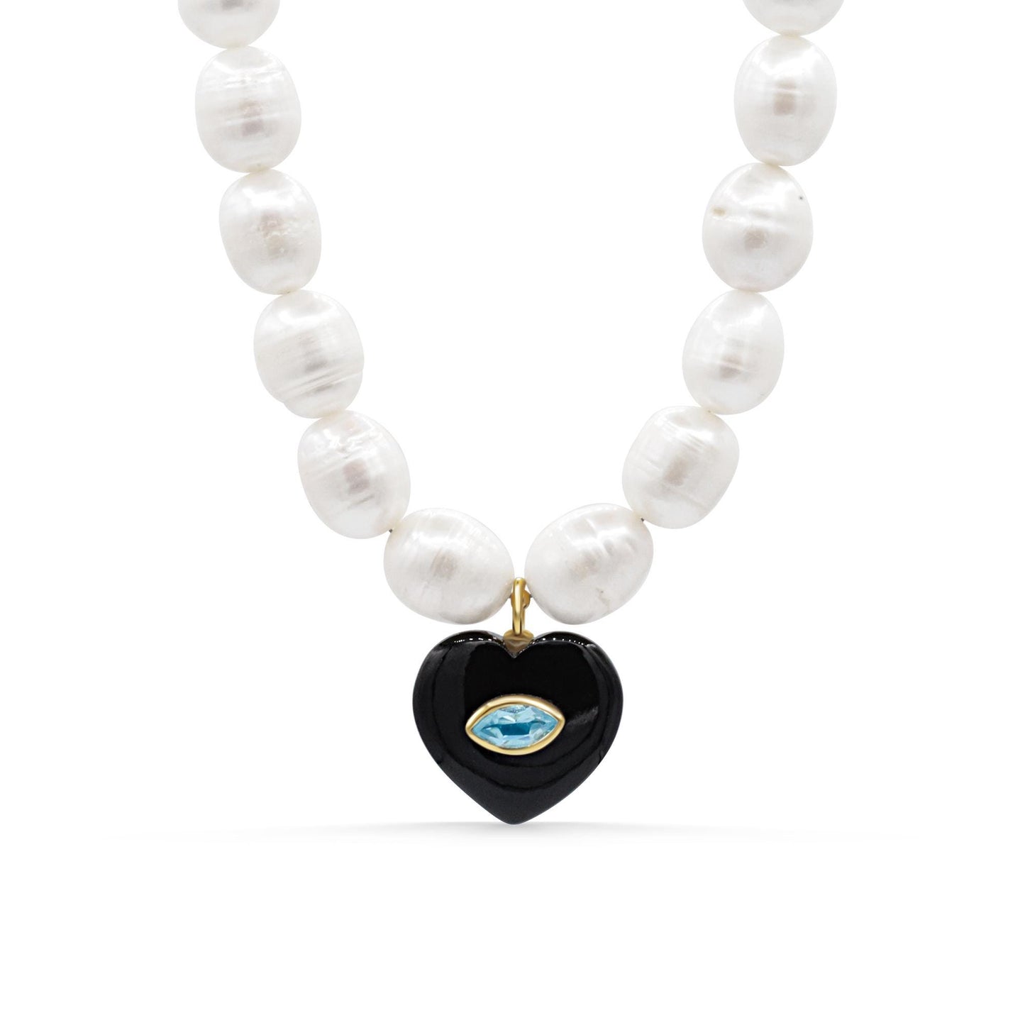 Midnight Oracle Pearl Necklace featuring black agate and blue topaz beads by Earthly Abundance, close-up of elegant jewelry design