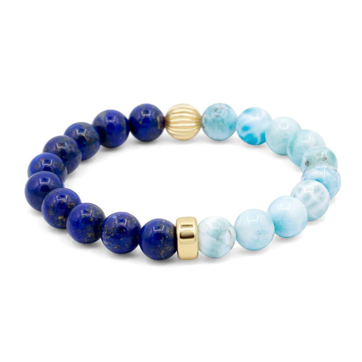 Ocean Calm bracelet featuring lapis lazuli and larimar beads from Earthly Abundance, displayed on a neutral background.