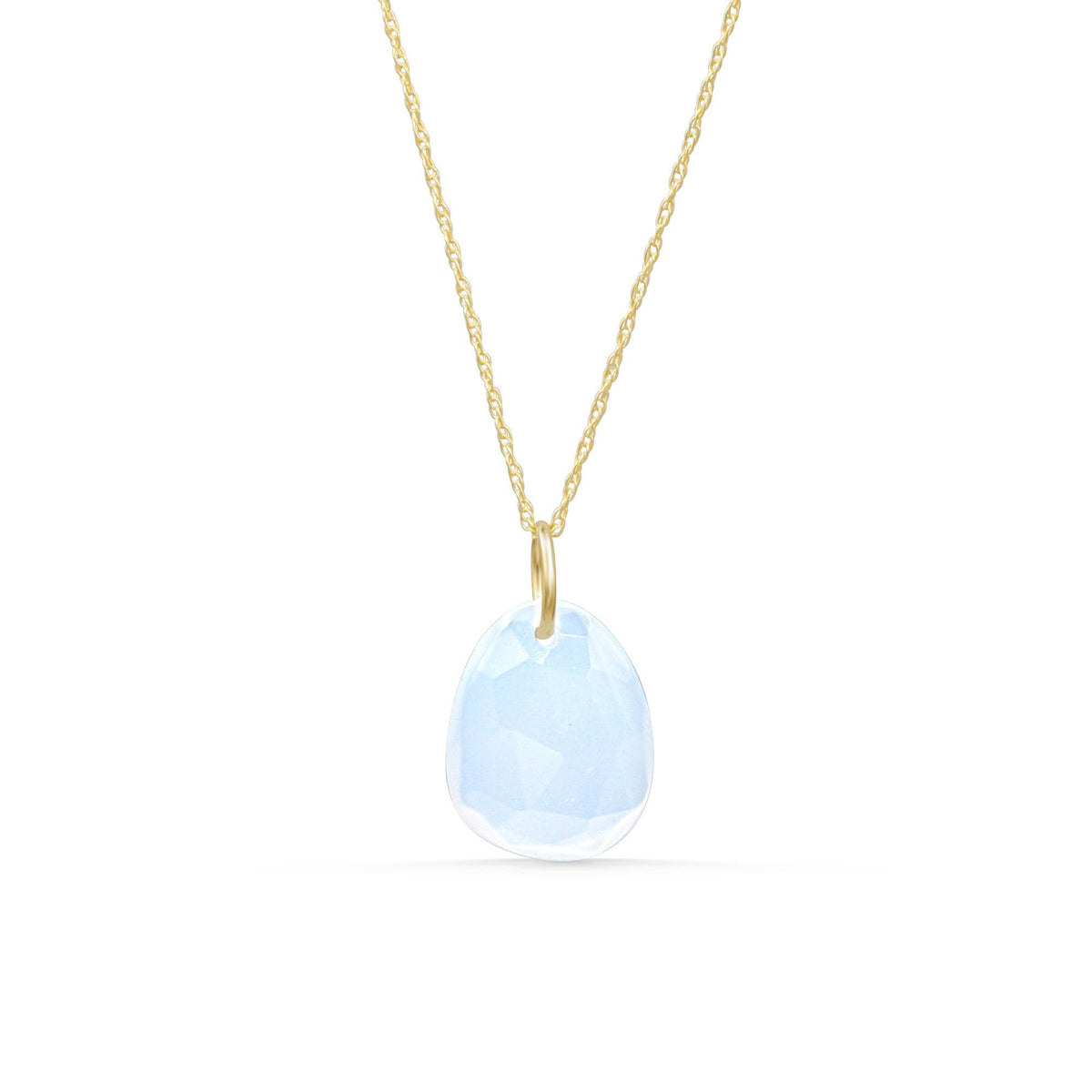 Lavender blue chalcedony pendant set in 14K gold, featuring a smooth, polished gemstone on a delicate chain.