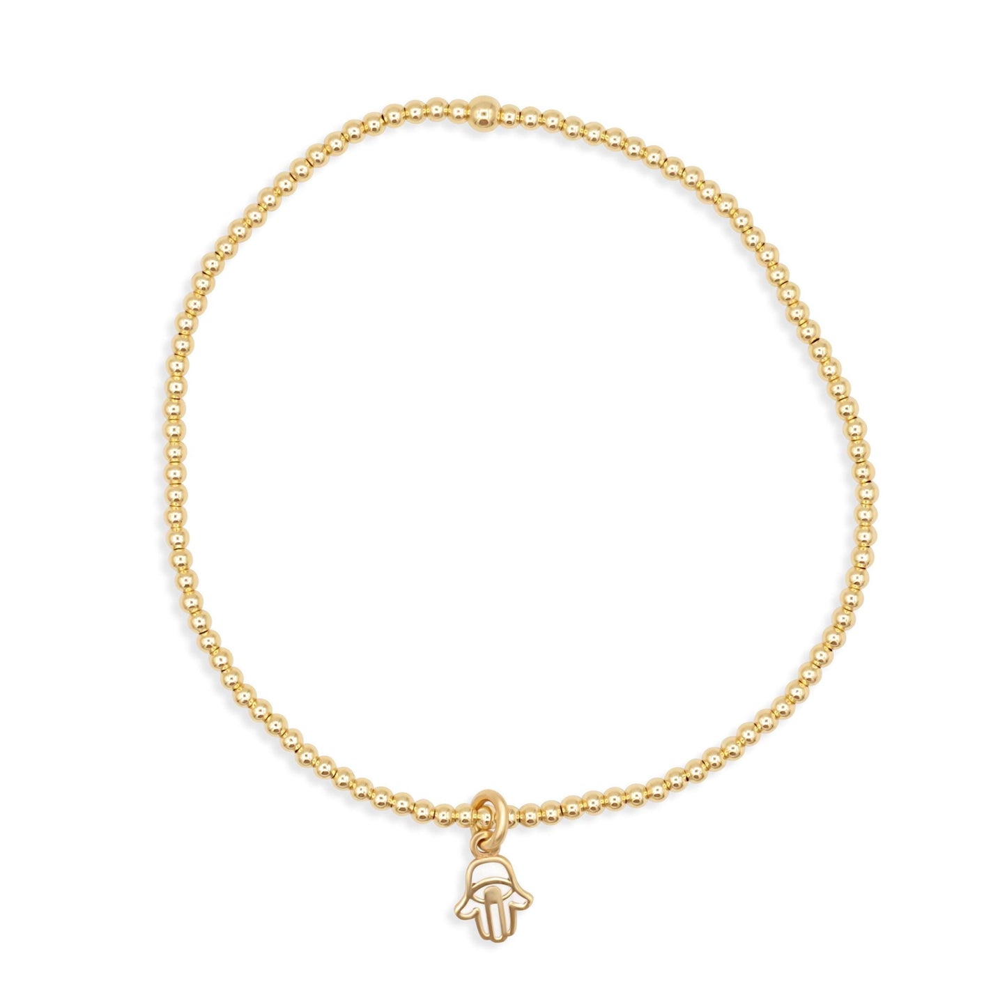 Mother of Pearl Hamsa bracelet in 14K gold from Earthly Abundance featuring a detailed Hamsa charm and elegant design.