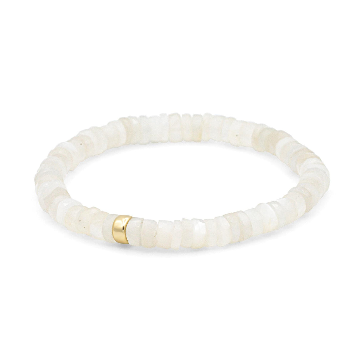 Soft glow moonstone Heishi bracelet by Earthly Abundance featuring smooth, round moonstone beads on a delicate stretch band.