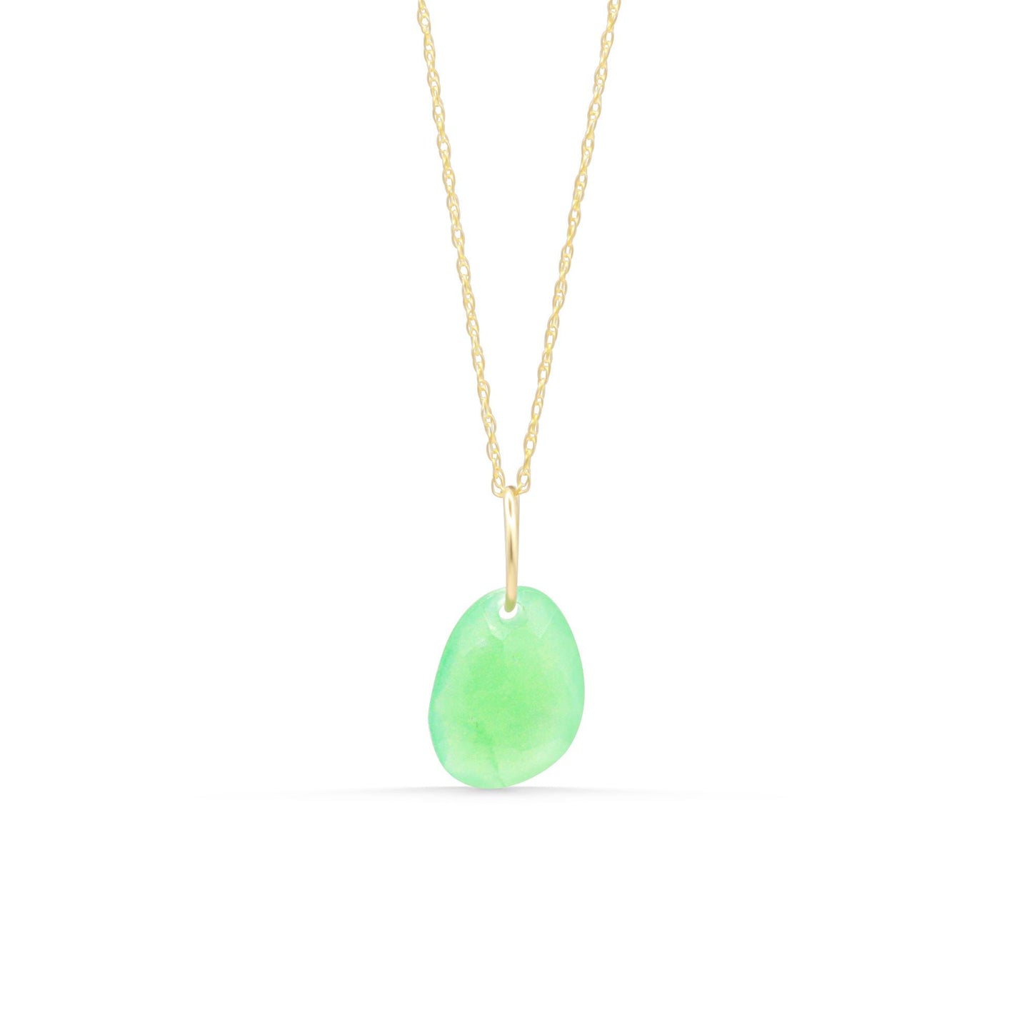Electric green chrysoprase pendant necklace with a 14k gold setting, featuring a polished oval gemstone on a delicate chain.