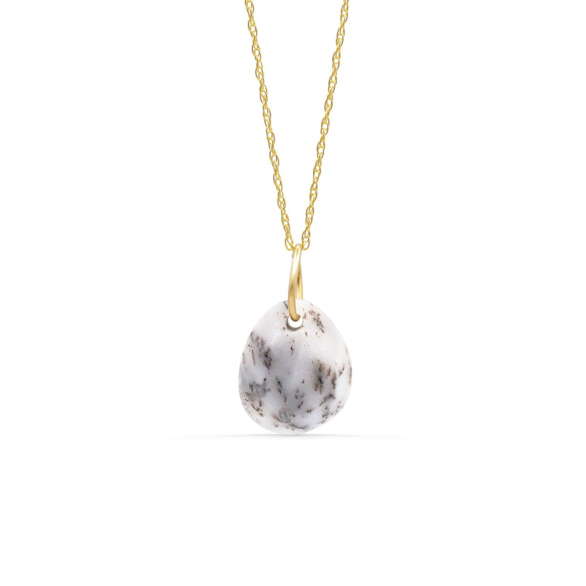 Dendritic opal pendant necklace with 14K gold setting, featuring intricate dendritic patterns and a polished finish.