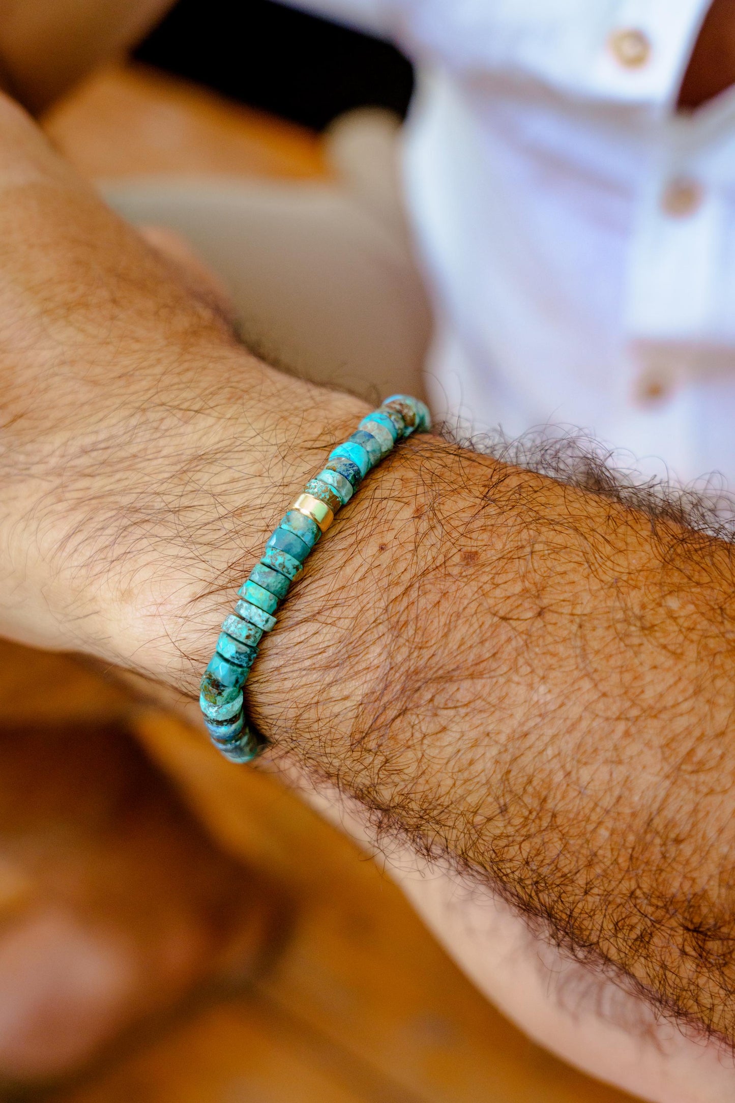 Oceanic blue Chrysocolla bracelet featuring polished round beads, handcrafted by Earthly Abundance.
