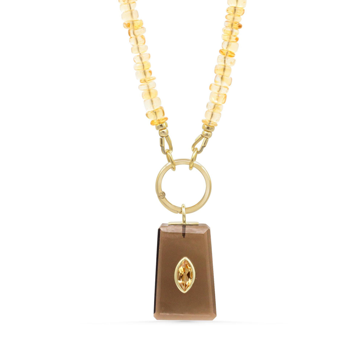 Golden Dusk Necklace featuring Citrine and Smoky Quartz gemstones by Earthly Abundance, with a delicate gold chain and natural stone pendants.