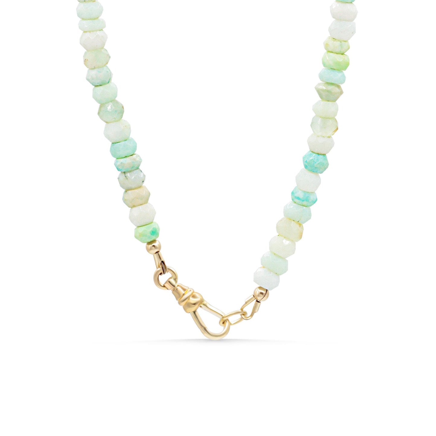 Seafoam Peruvian Opal necklace with 14K gold-filled chain from Earthly Abundance, featuring a smooth, oval gemstone pendant.