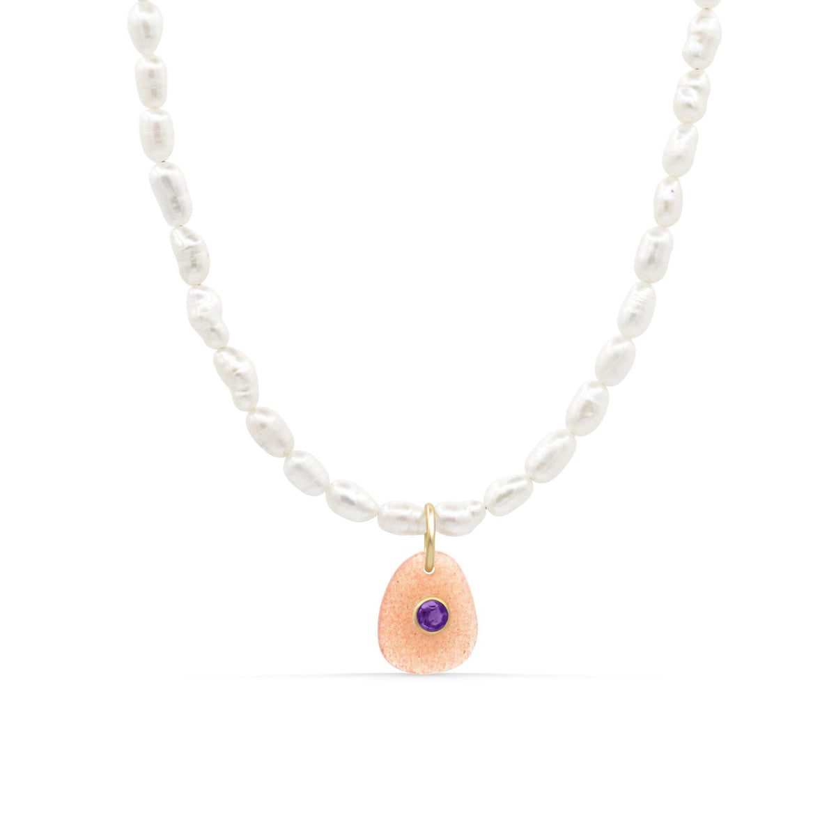 Peach Moon Muse Necklace by Earthly Abundance featuring peach moonstone, pearl, and amethyst beads on a delicate chain.