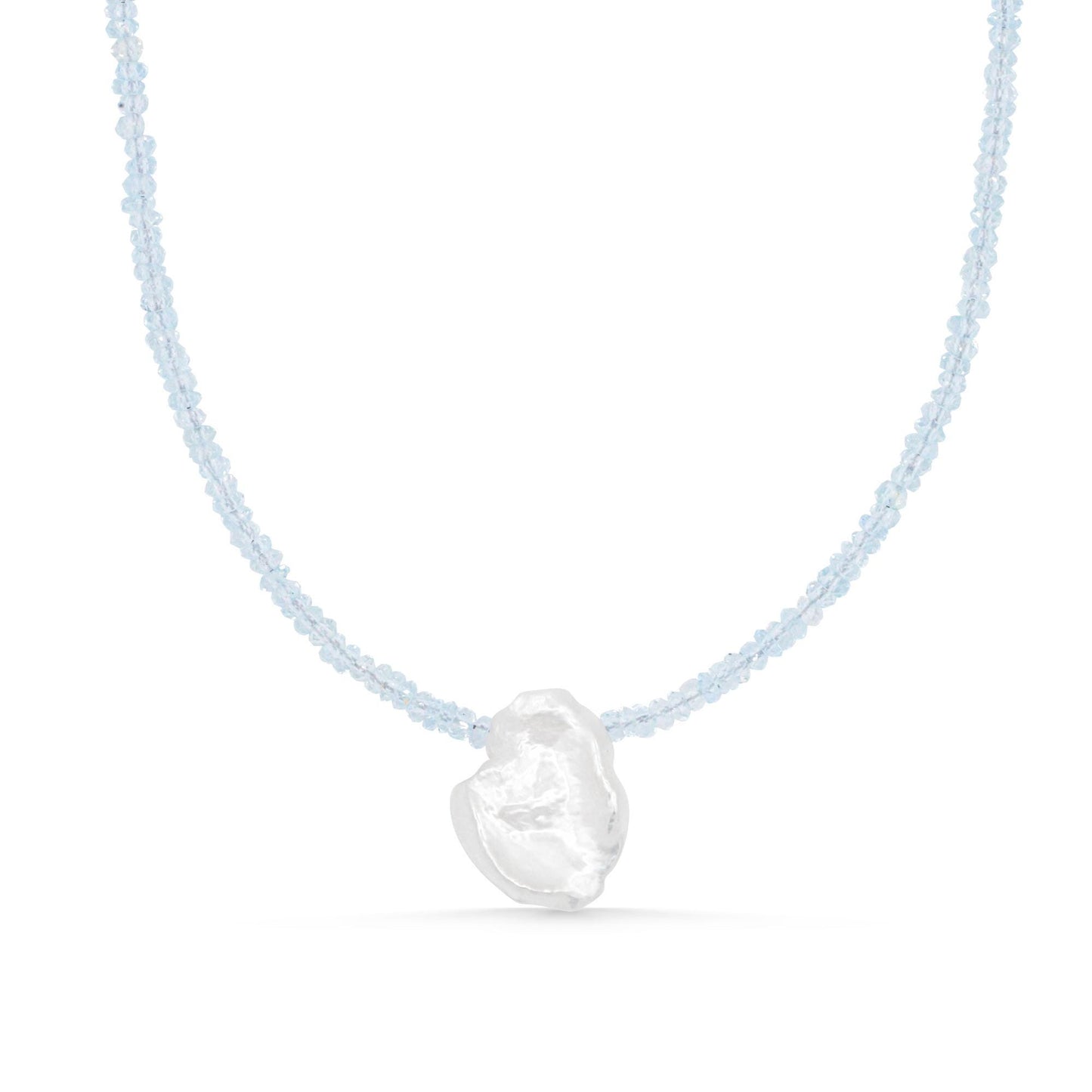 Aquamarine pearl necklace by Earthly Abundance featuring a strand of shimmering aquamarine and pearl beads on a delicate chain.
