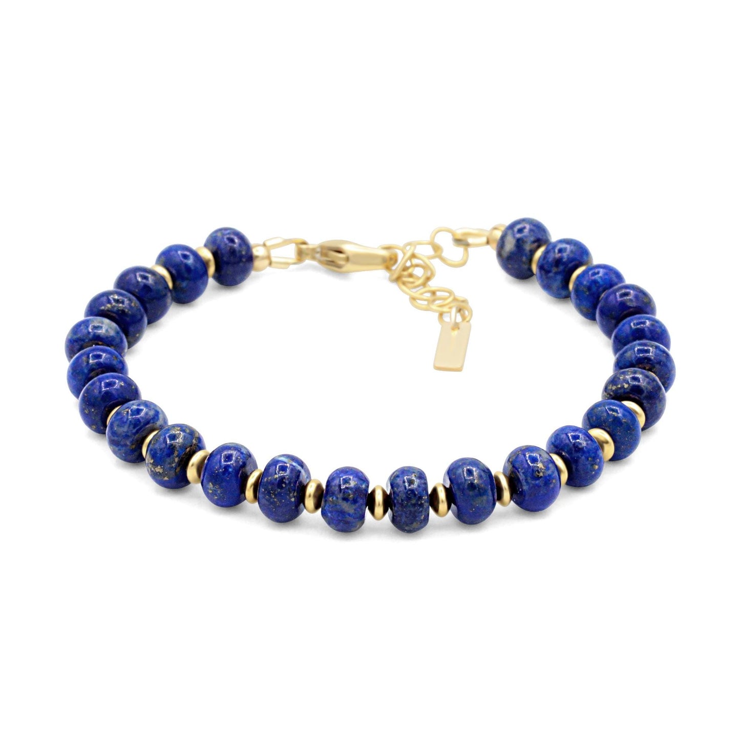 Blue Lapis Lazuli bracelet with 14K gold-filled accents from Earthly Abundance, featuring polished gemstone beads and elegant design.
