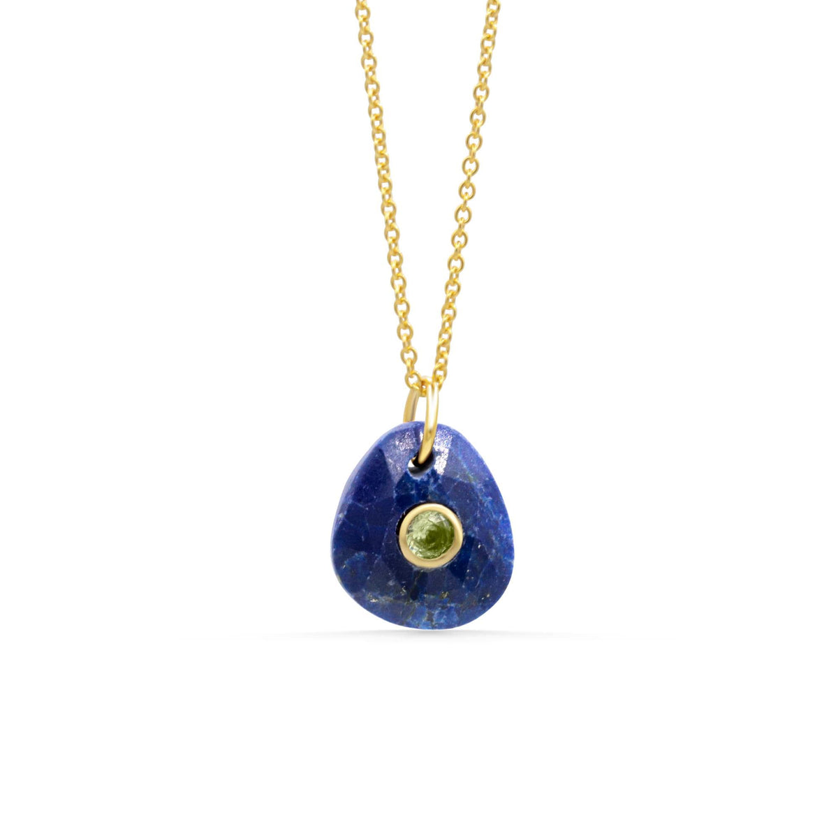 Velvet Sky Pendant Necklace by Earthly Abundance featuring lapis lazuli and peridot stones on a delicate chain.