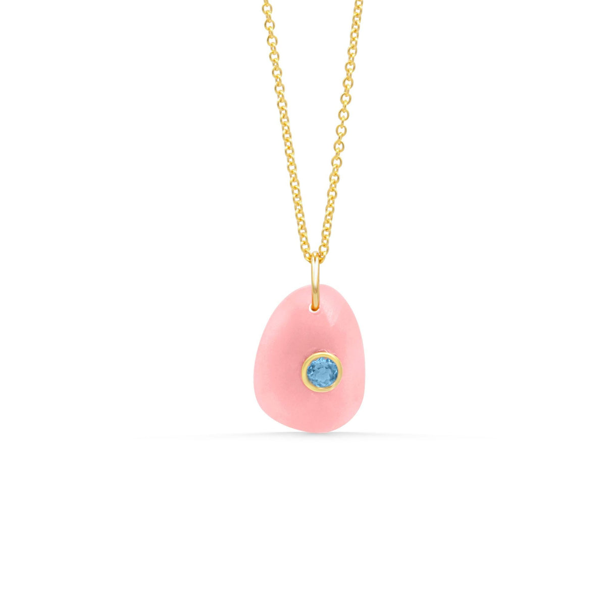Bluebird pendant featuring pink opal and Swiss blue topaz gemstones, crafted by Earthly Abundance.