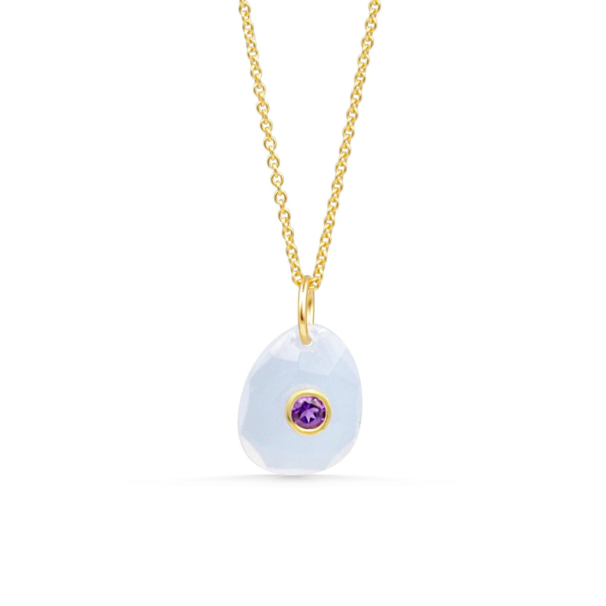 Wisteria Sky Pendant by Earthly Abundance featuring chalcedony and amethyst gemstones on a silver chain.