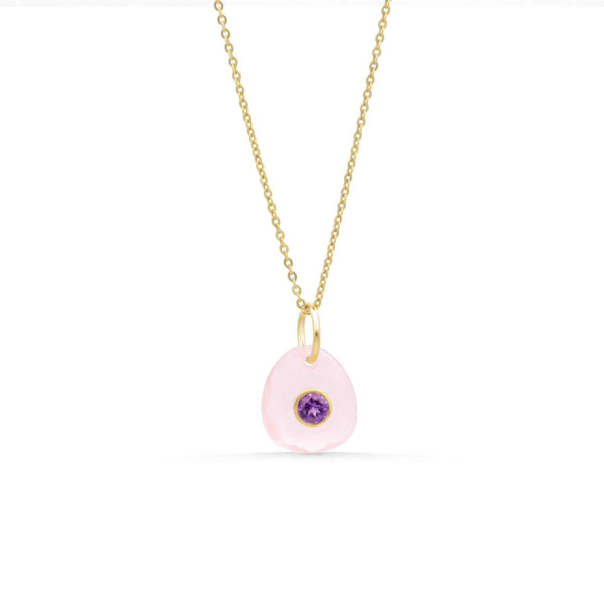 Roselight pendant featuring rose quartz and amethyst crystals from Earthly Abundance, showcasing the gemstone details and pendant design.