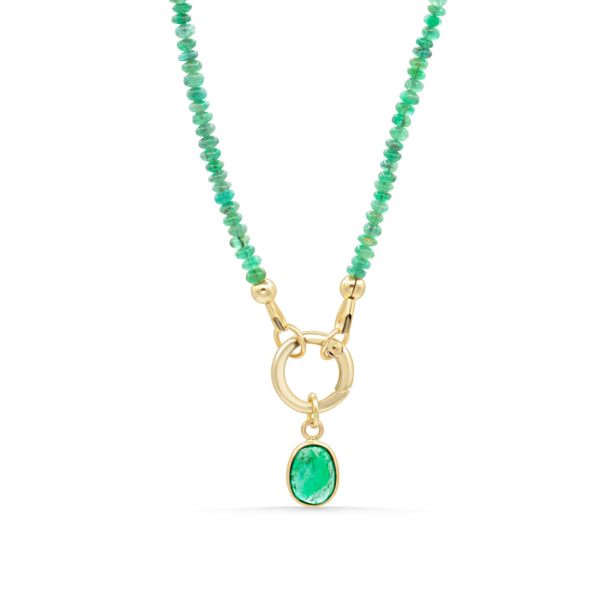 Zambian emerald carabiner necklace in 14K gold, featuring a vibrant green emerald pendant on a gold chain.