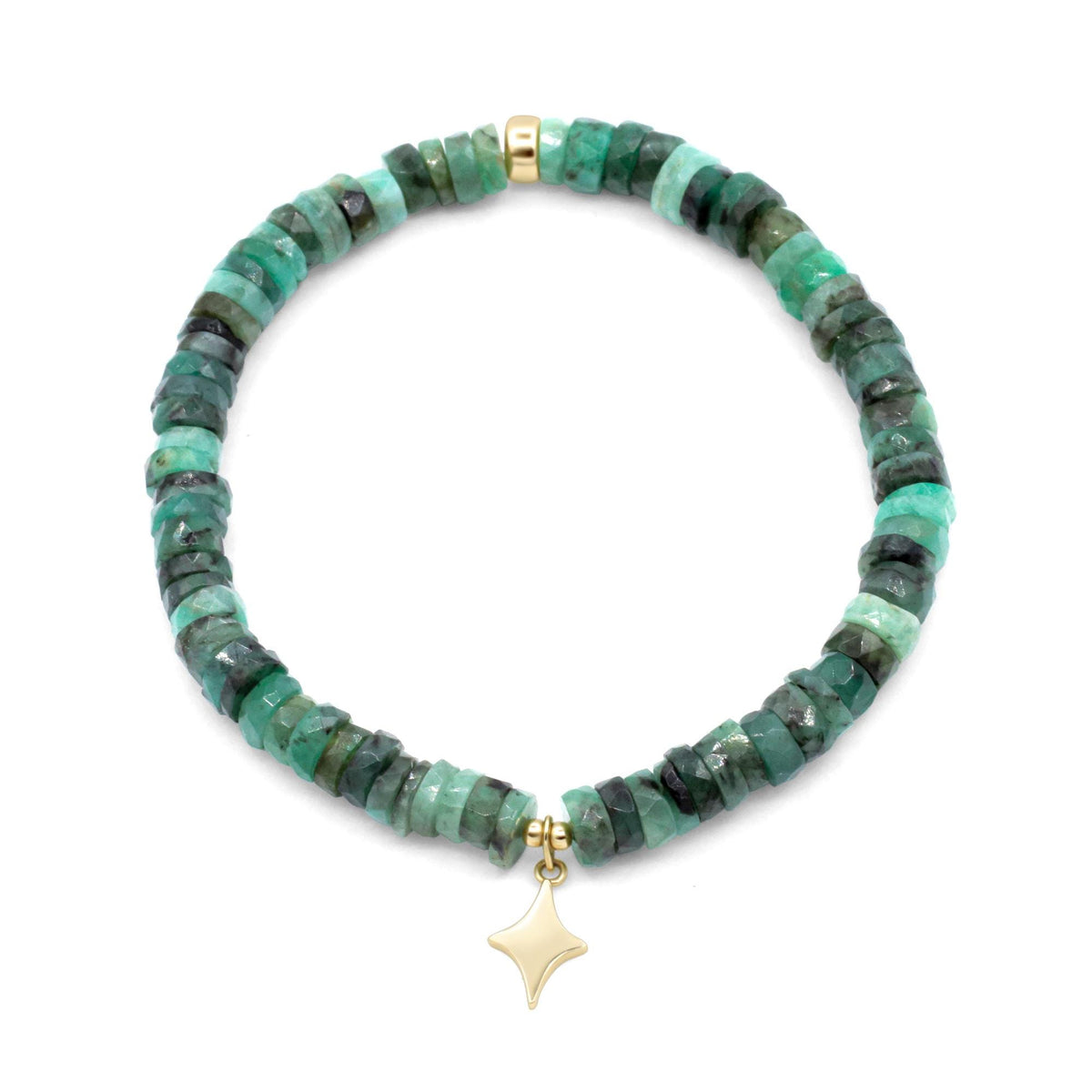 Emerald North Star Heishi bracelet with 14K gold accents from Earthly Abundance, featuring green bead details and star-shaped charms.