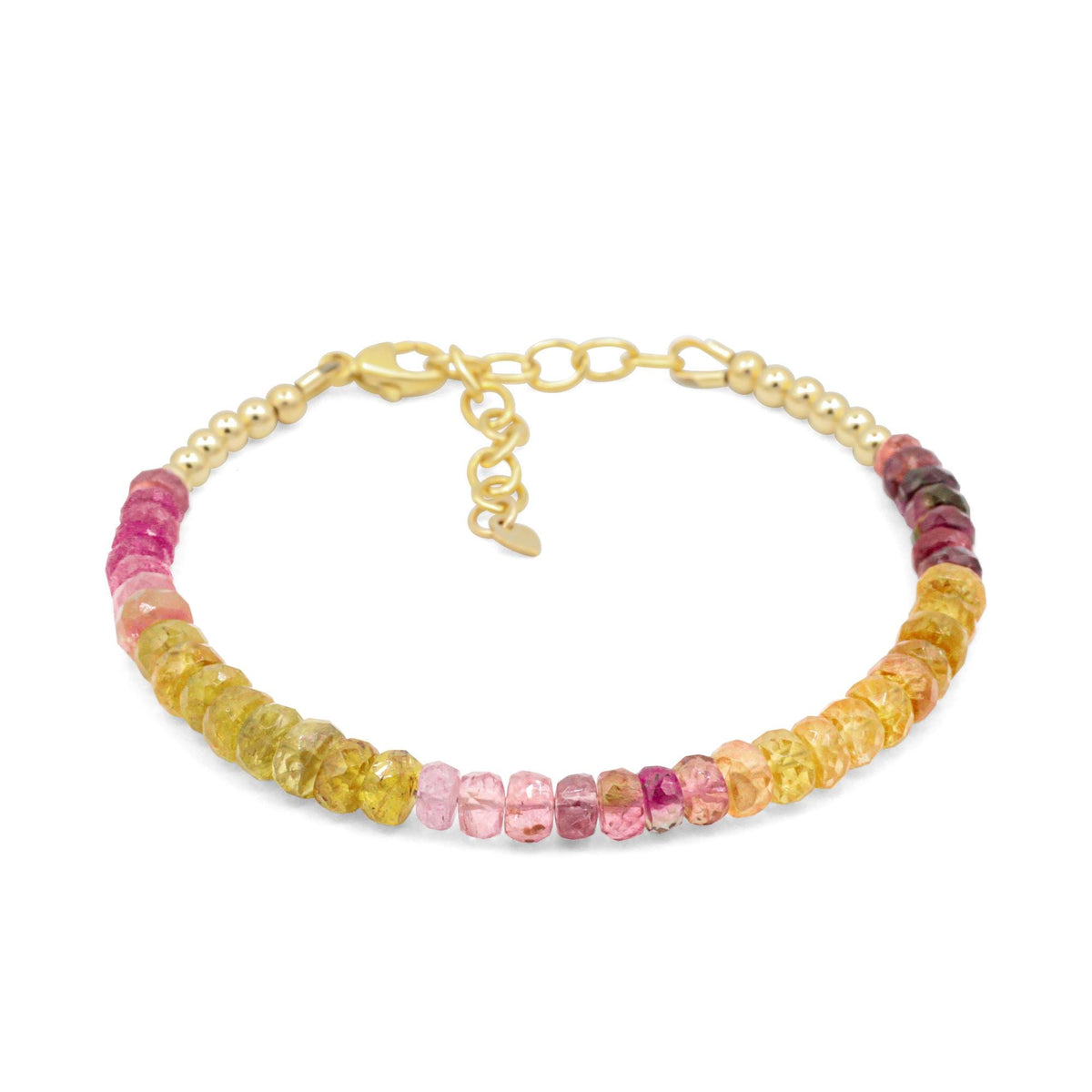 Sunset pink and yellow tourmaline bracelet from Earthly Abundance Jewelry with polished gemstone beads and adjustable clasp.