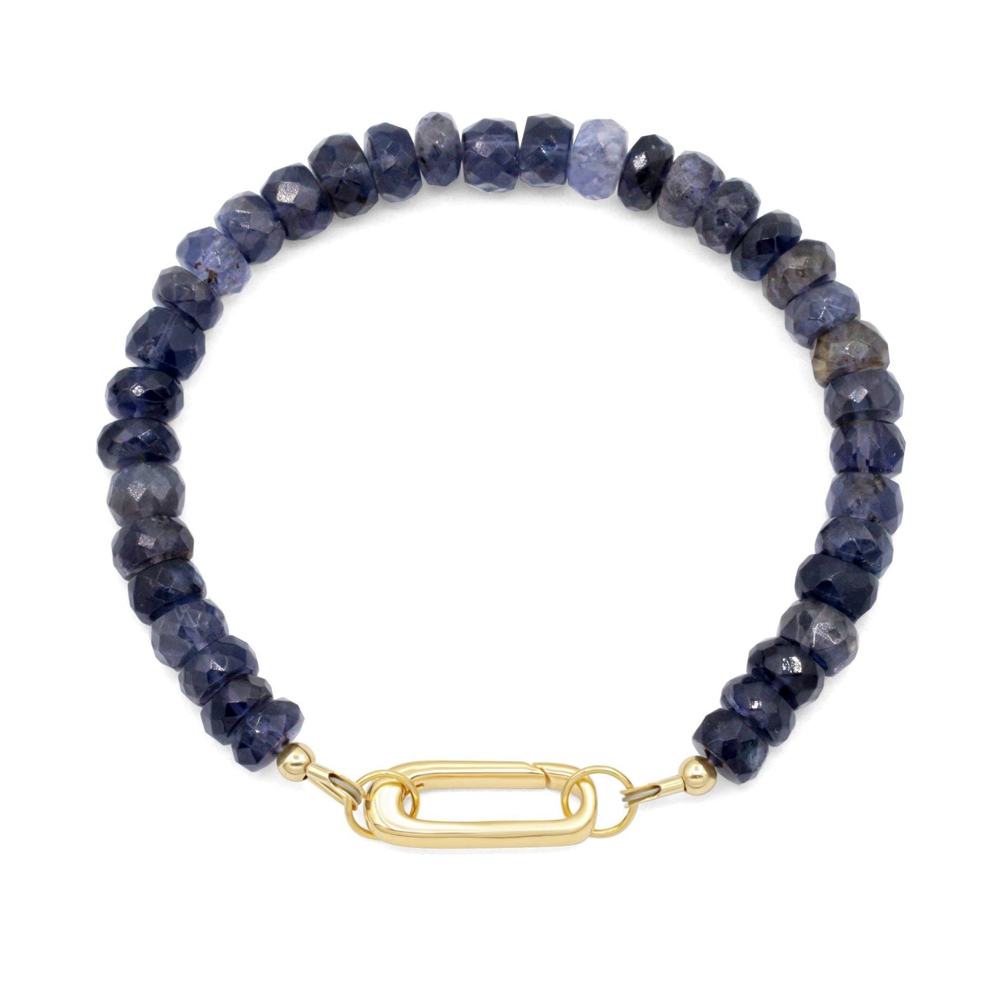 Iolite carabiner bracelet featuring polished blue-purple stones on a silver-toned chain, stylish and adjustable jewelry accessory.