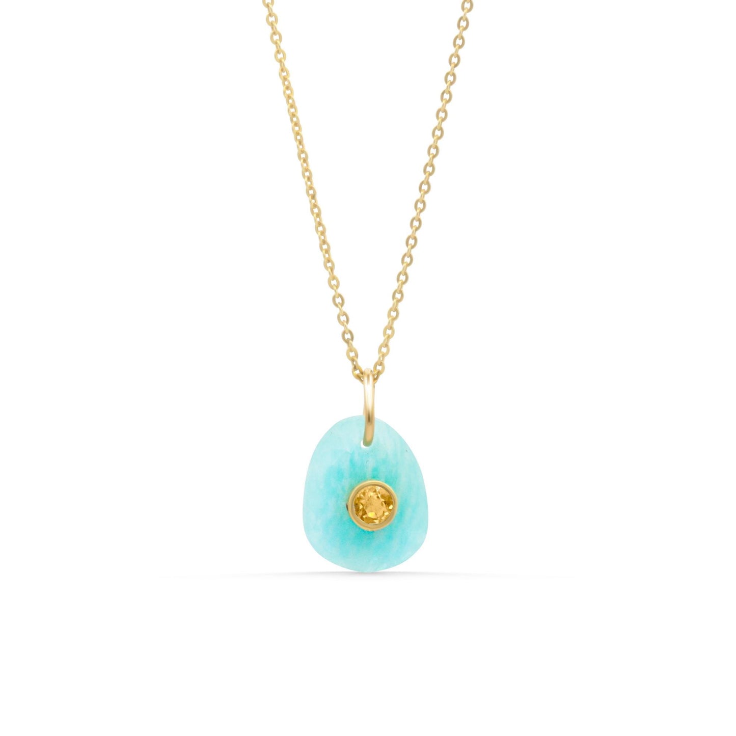 Golden Tide pendant featuring Amazonite and Citrine gemstones from Earthly Abundance, showcased on a delicate chain.