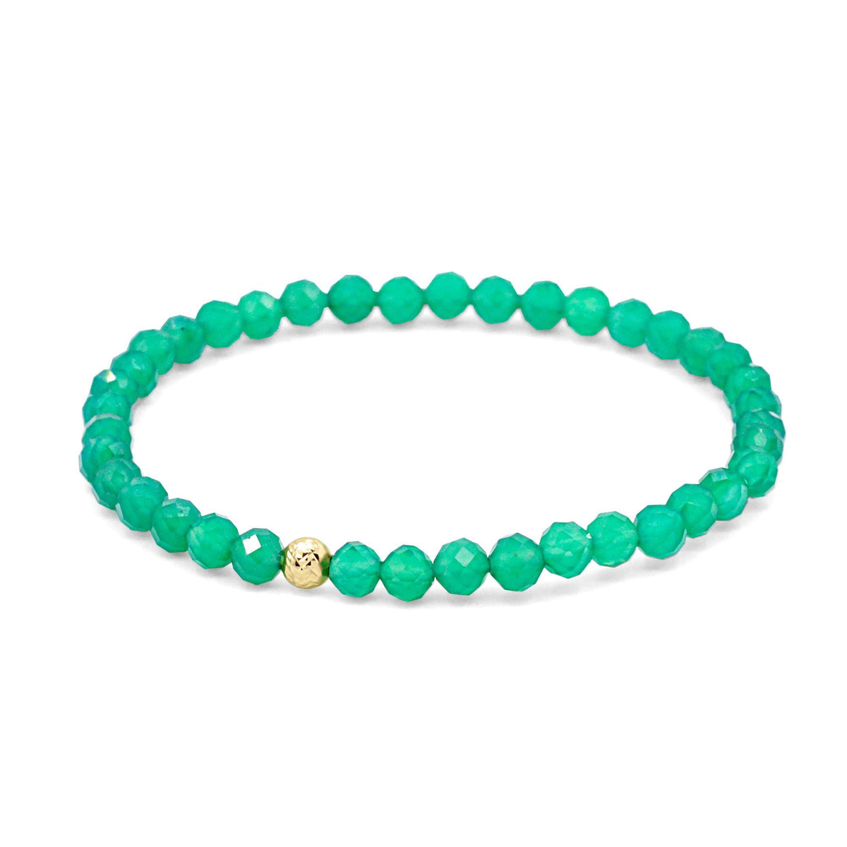 Green Onyx bracelet featuring polished green onyx beads from Earthly Abundance, displayed on a neutral background.