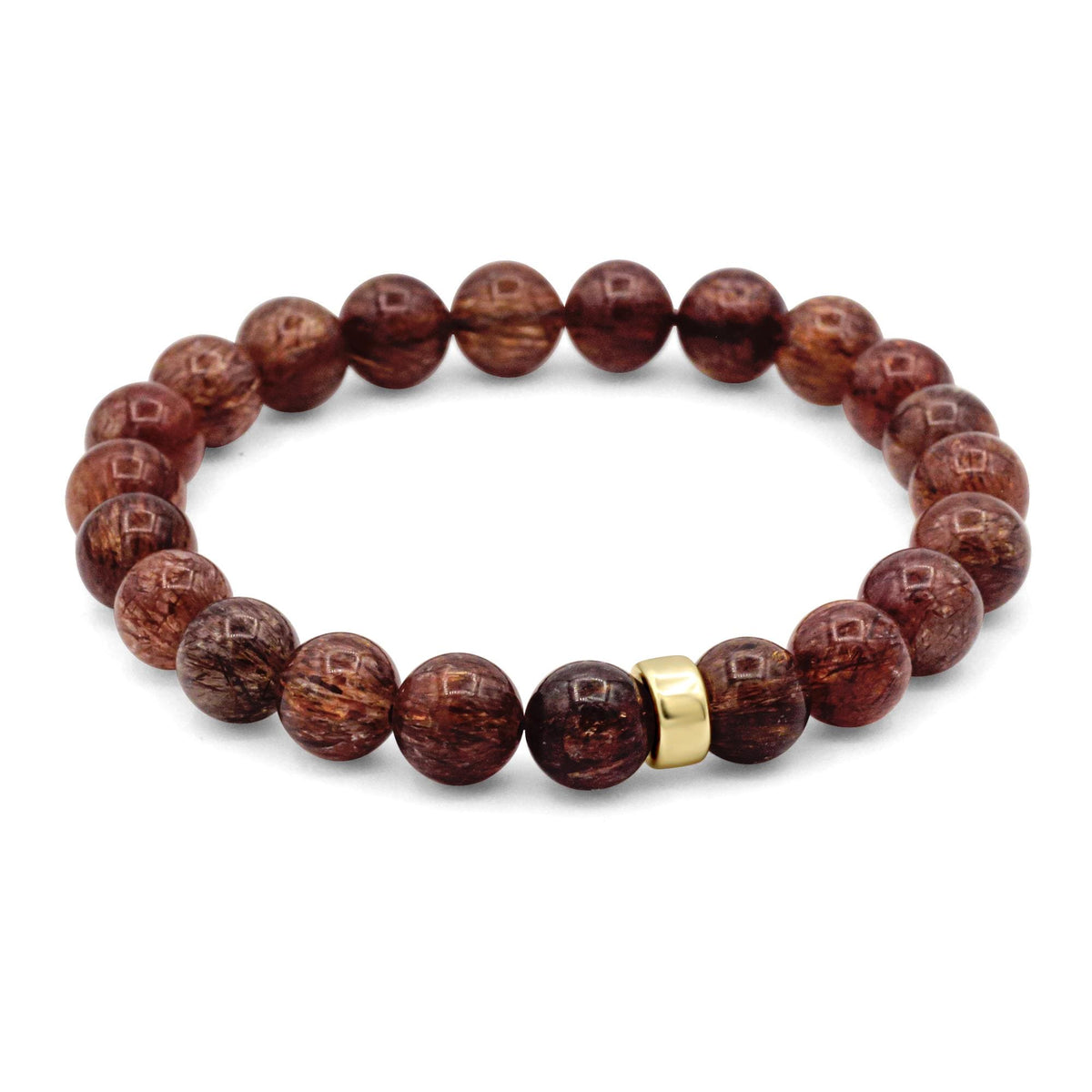 Red rutilated quartz bracelet featuring polished beads, crafted by Earthly Abundance, showcasing vibrant red and golden needle inclusions.
