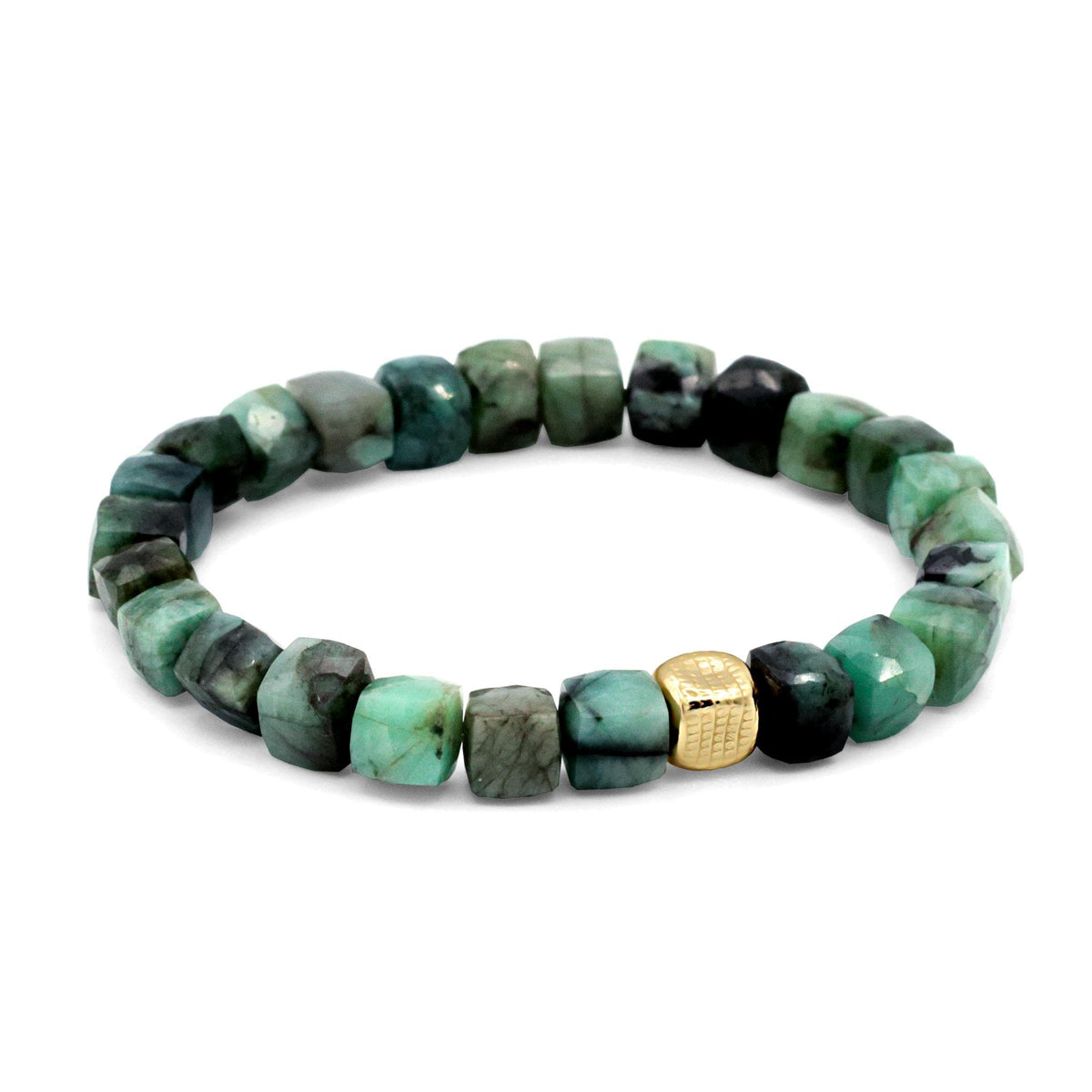 Emerald cube bracelet with 14K gold-filled links, featuring vibrant green emerald stones on a delicate gold chain.