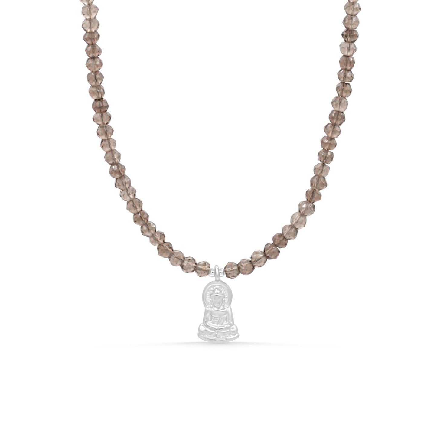 Smoky Quartz Buddha pendant necklace by Earthly Abundance featuring a polished Buddha figure on a cord.