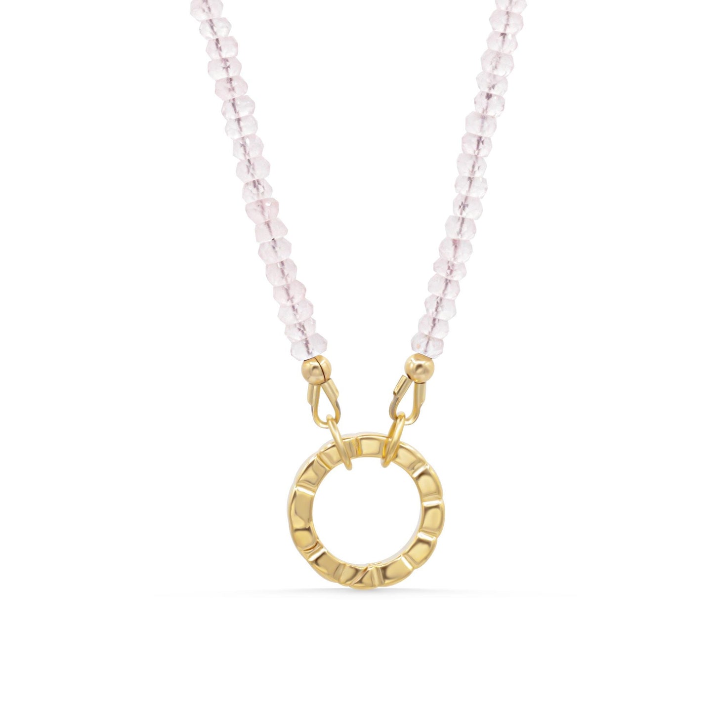 Earthly Abundance Circle of Love Rose Quartz necklace featuring a polished pink gemstone pendant on a delicate chain.