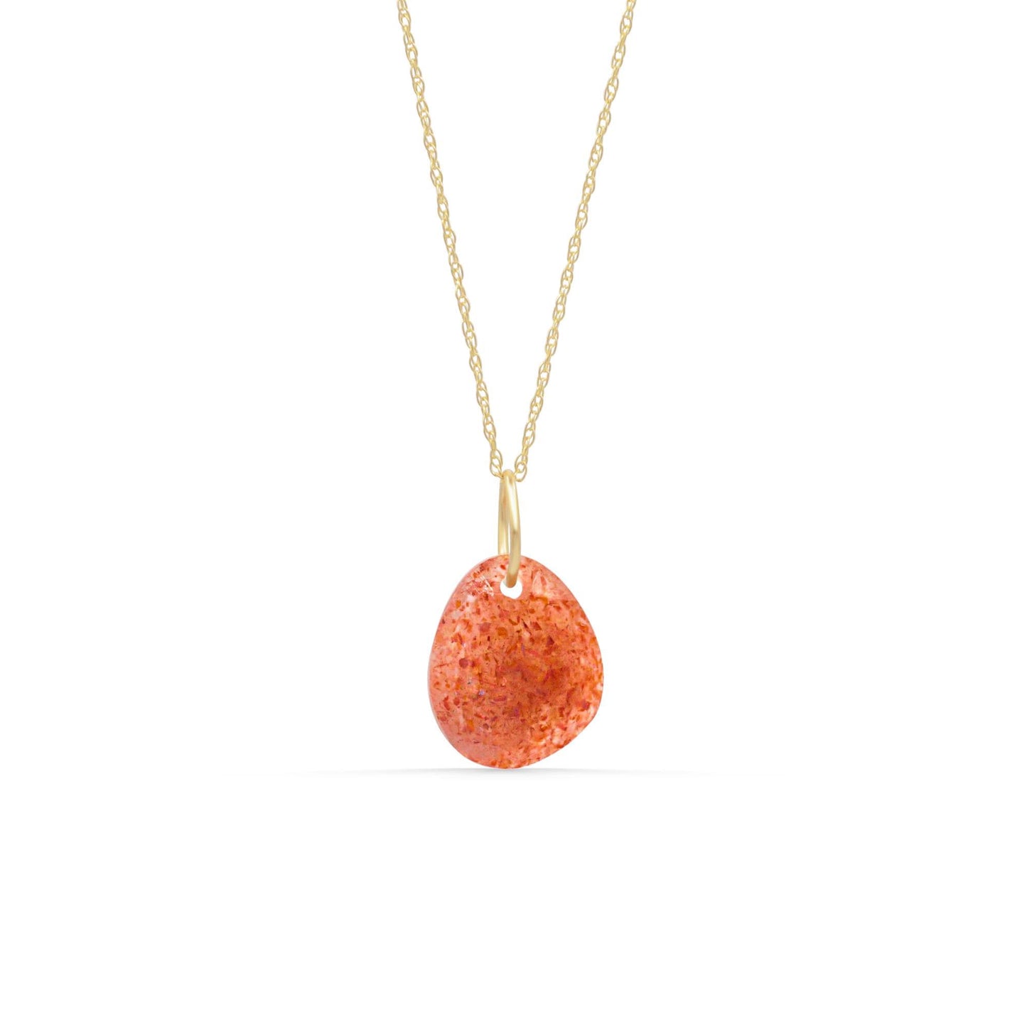 14K Sunstone pendant necklace with a polished, warm orange gemstone hanging from a delicate gold chain.