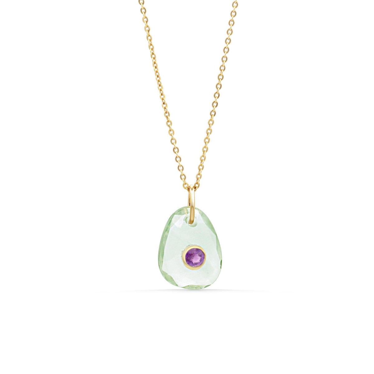 Green amethyst pendant from Earthly Abundance featuring a polished, teardrop-shaped gemstone on a delicate chain.