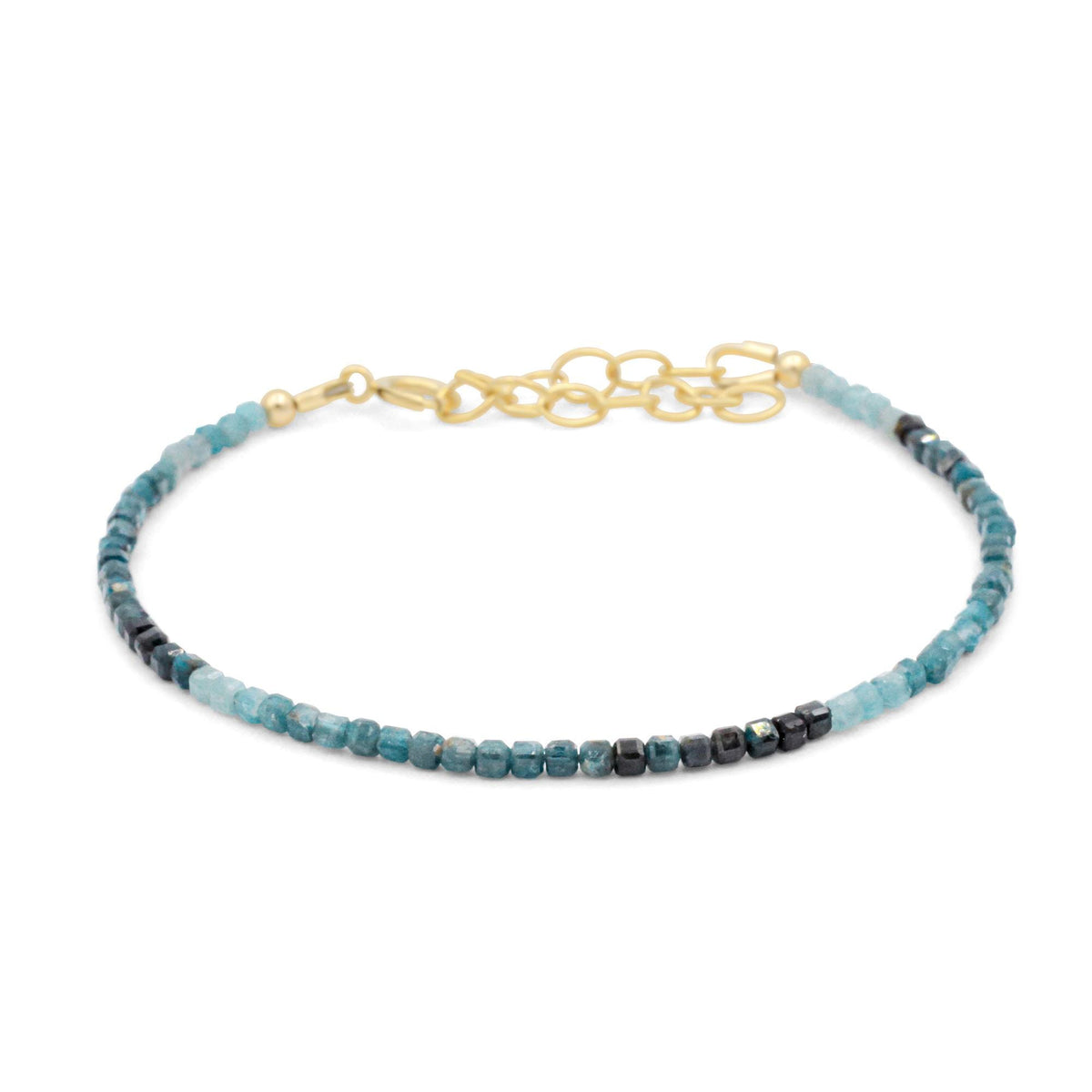 Ocean gradient Grandidierite bracelet featuring smooth, polished stones in blue and green hues, crafted by Earthly Abundance.